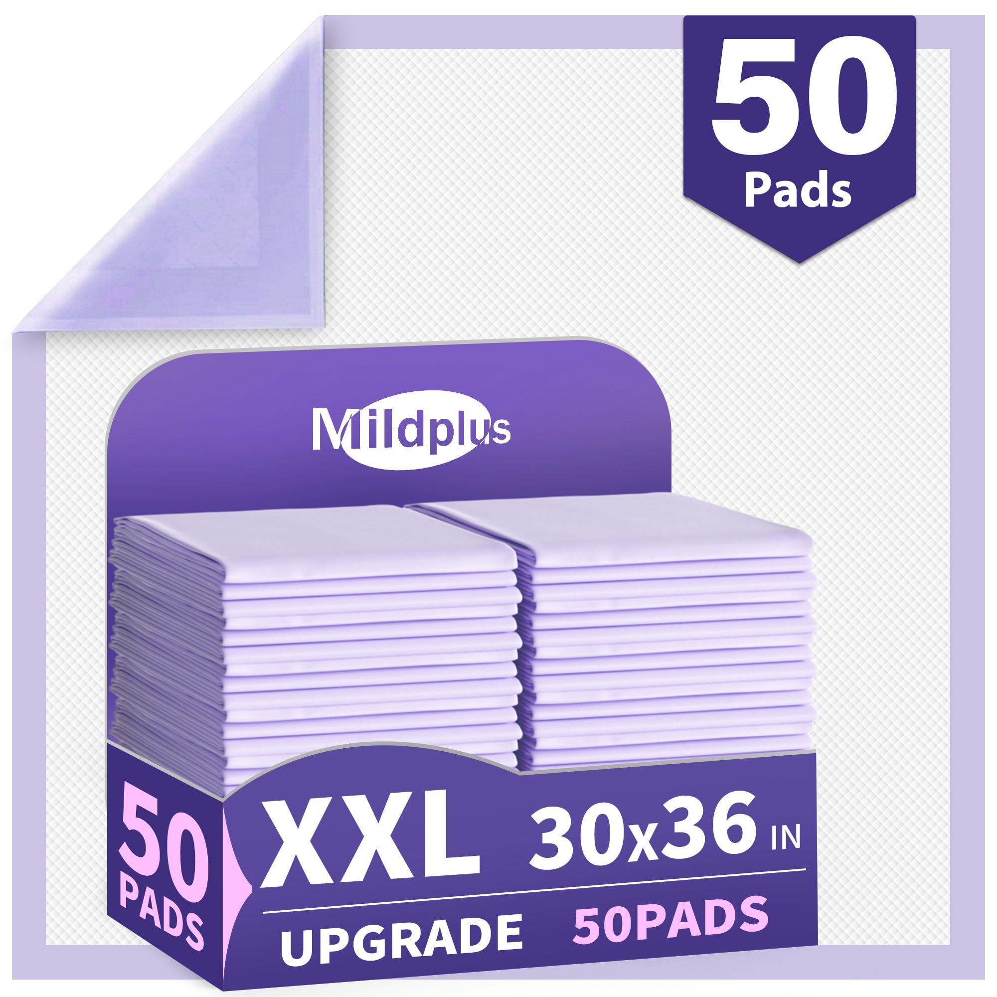 MILDPLUS Sottoassorbenti usa e getta resistenti, 76 x 91 cm (50 pezzi) | 110 g super assorbenti | viola a prova di perdite per la cura dell'incontinenza di adulti, anziani, bambini e animali domestici