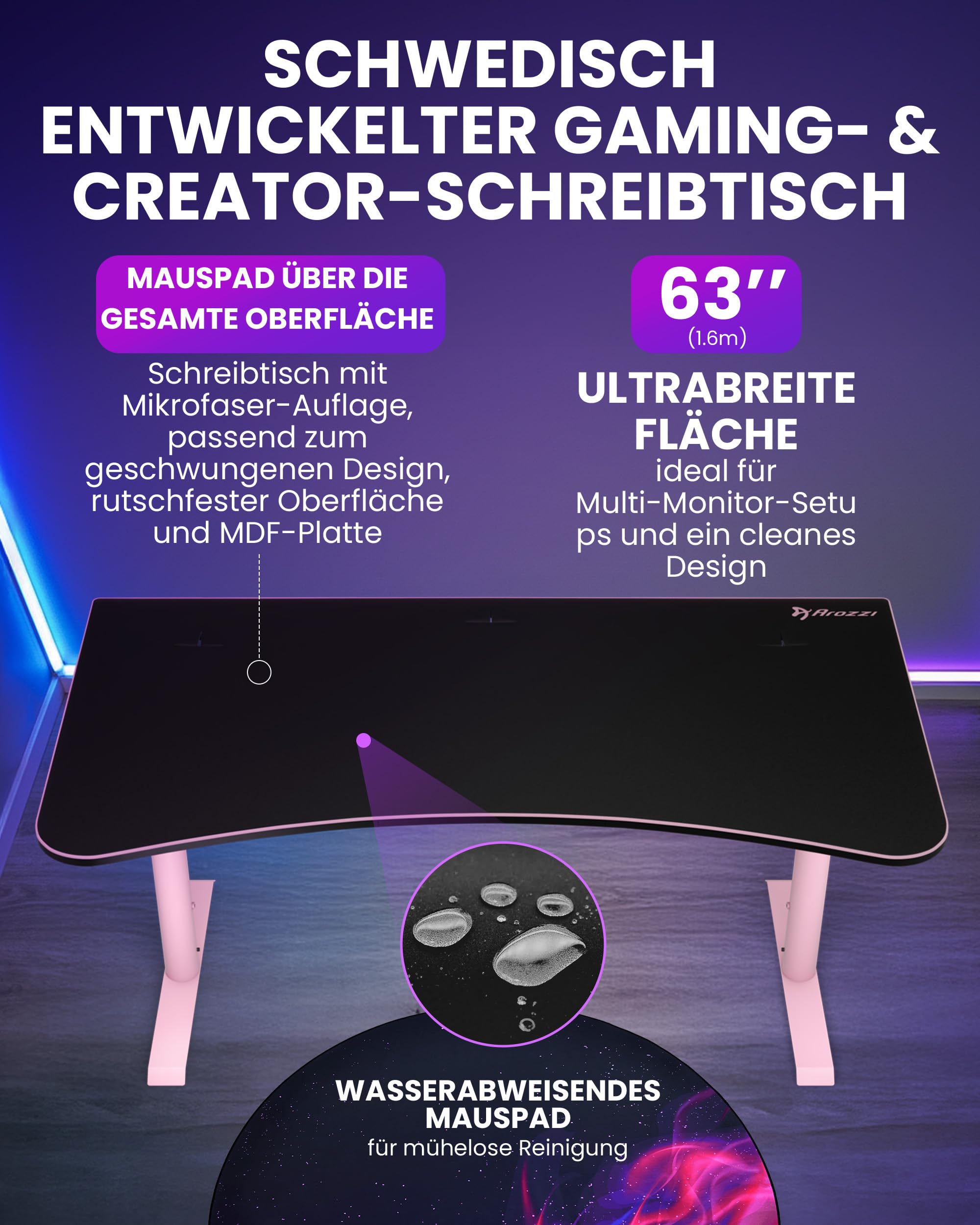 Arozzi Arena Gaming Table - Large 160 x 82 cm - Faltbar - Microfibre Pad - Stabile Stahlbeine - Rosa - Dettaglio