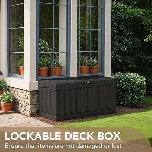 Vista 120 de Devoko Caja de resina de 120 galones, impermeable, para interiores y exteriores, contenedor de almacenamiento grande con cerradura para muebles
