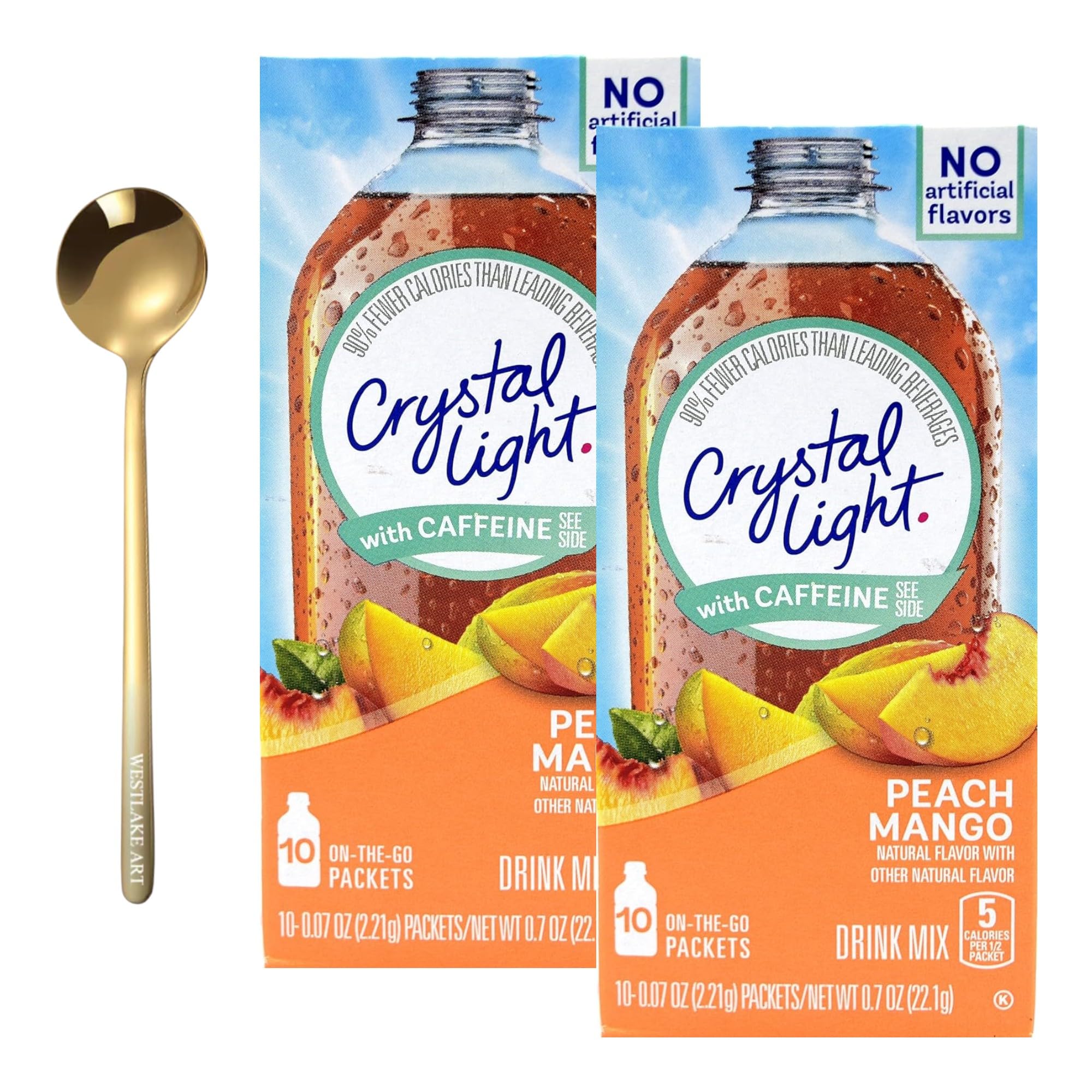 Crystal Light Peach Mango On The Go Caffeine Drink Mix, 0.7 Oz - Bundled With Golden Ss Spoon, Zero Calorie, Sugar-Free, Energizing, Gluten Free 10 Packets In Powdered Form For Cool Vibe [Pack Of 2]