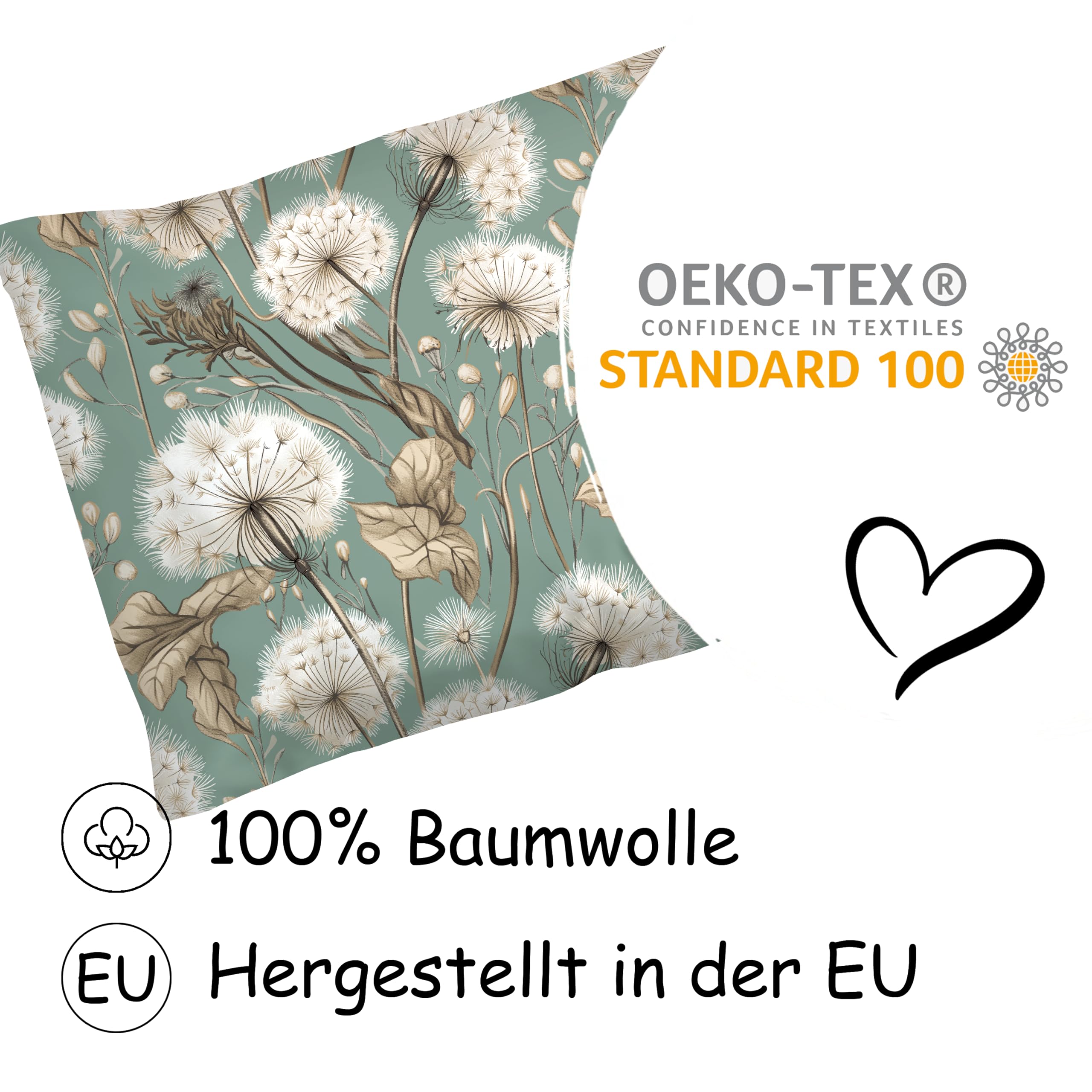 PinkZebra Kopfkissenbezug, Kissenbezug 30 x 50 cm aus 100% Baumwolle, Kissenhülle, Öko-tex Standard 100, Bezüge mit Reißverschluss, Löwenzahn Grün