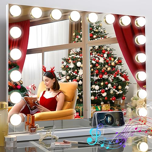 Miniatura 8 de Fenair Espejo de tocador grande con luces y altavoz, espejo de maquillaje iluminado Hollywood con base resistente, 18 bombillas LED regulables, 3