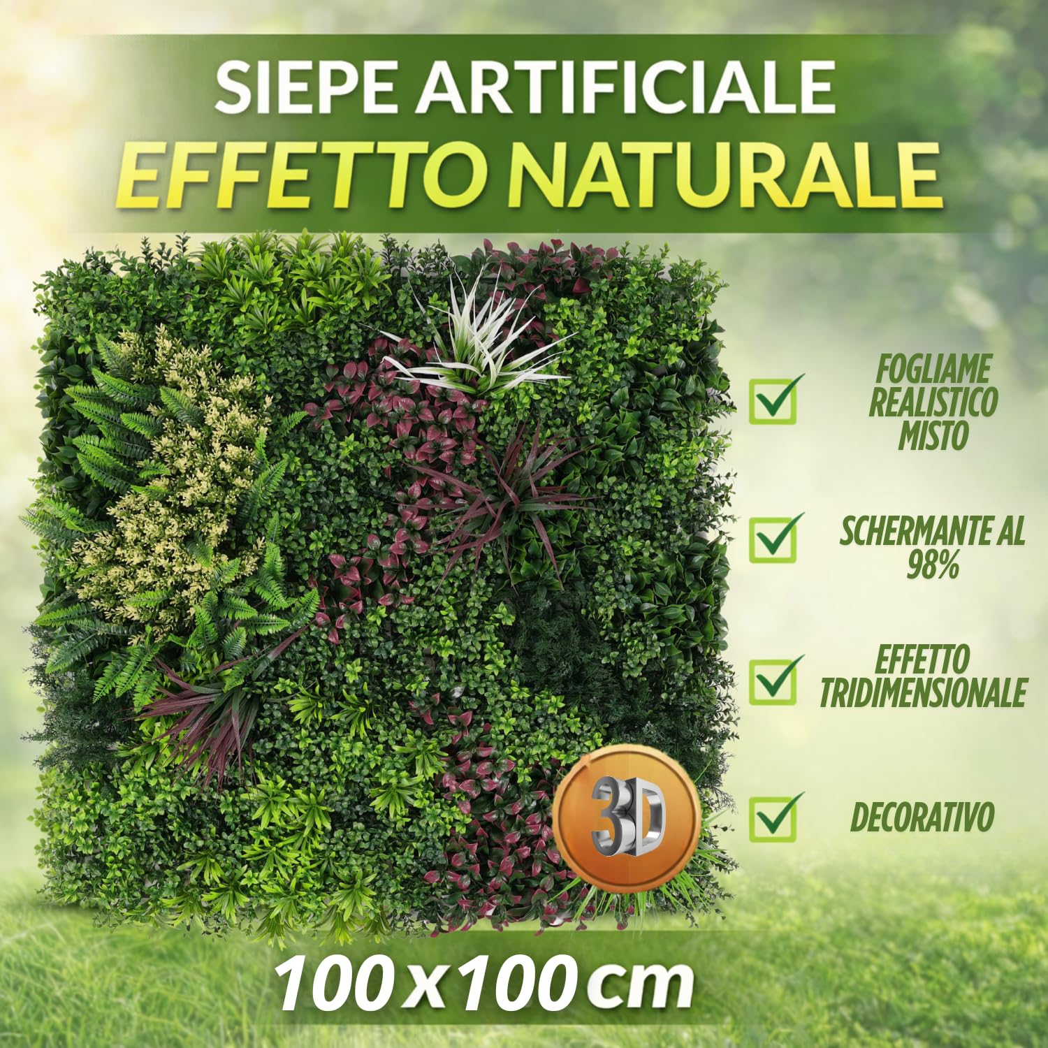 Erba da Parete Finta Artificiale Siepe Interno Esterno Amazonia Premium Quality 100x100 cm Effetto 3D Componibile Pannelli Verde Parete Erba Finta Interno Pianta Frangivista 1m² Bar Balcone