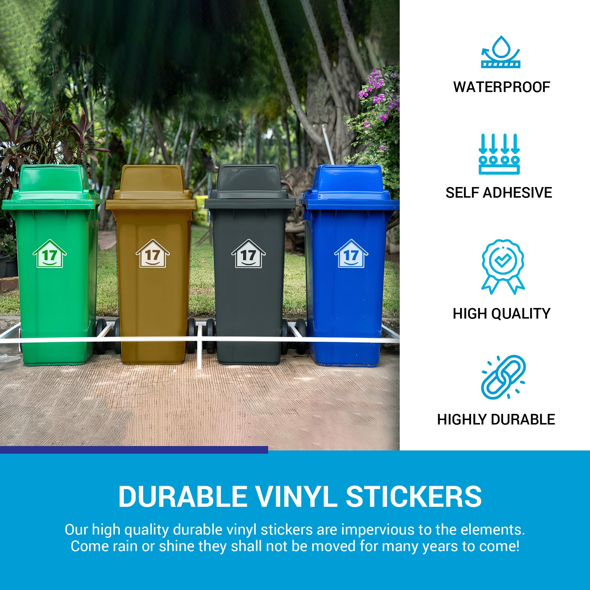 4 x Bin Numbers for Wheelie Bins, 1-99, 15cm ‘Happy House’ Colour Design Dustbin Stickers, Easy Application Stick On Number Stickers - Weatherproof Self Adhesive Vinyl – Blue, Black, Green, Brown (17) — view 5