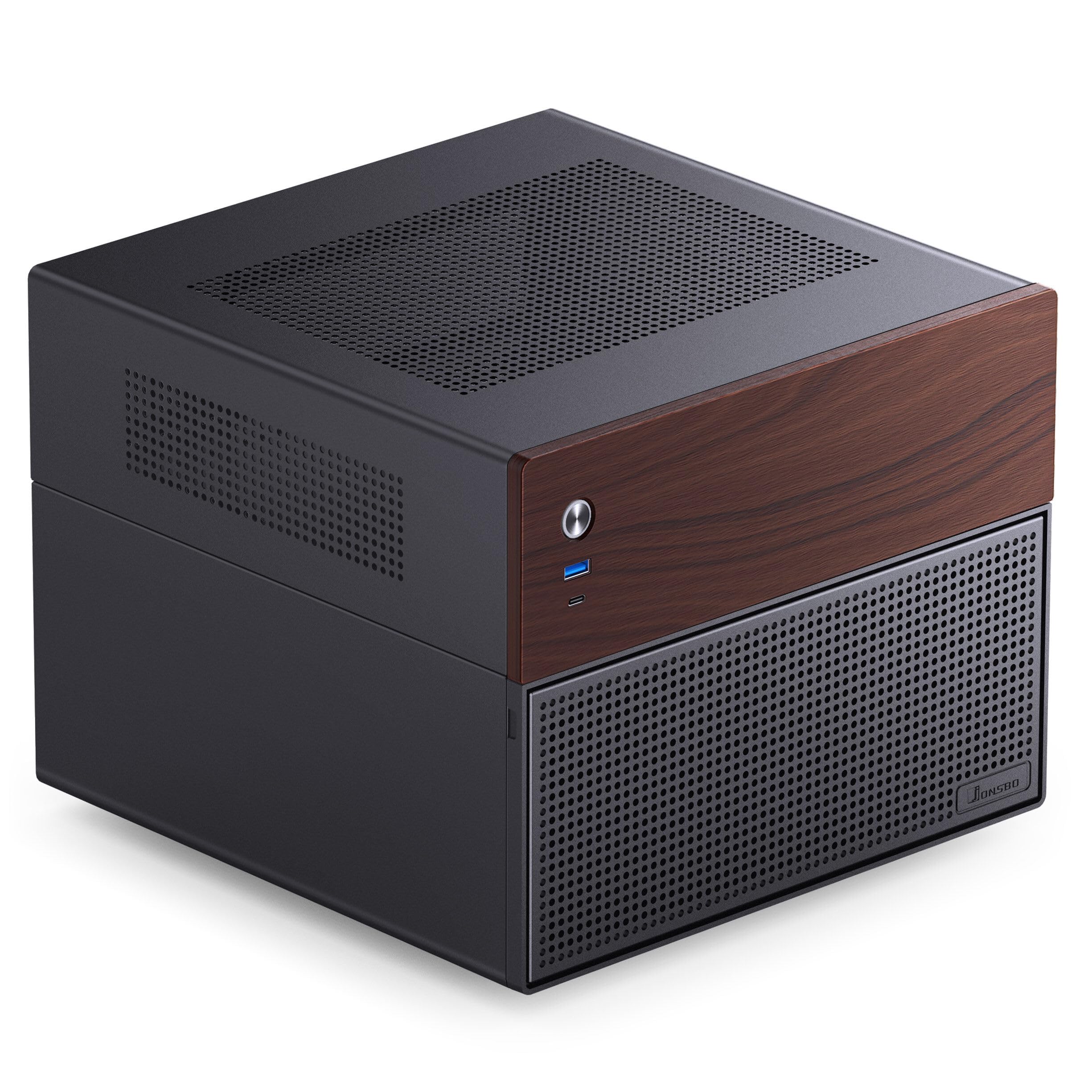jonsbo n4 caso nas per diy con spazio per 6 dischi rigidi e 2 dischetti da 2.5 pollici, slot a bassa profondità e ingressi usb-c e usb-a in stile legno