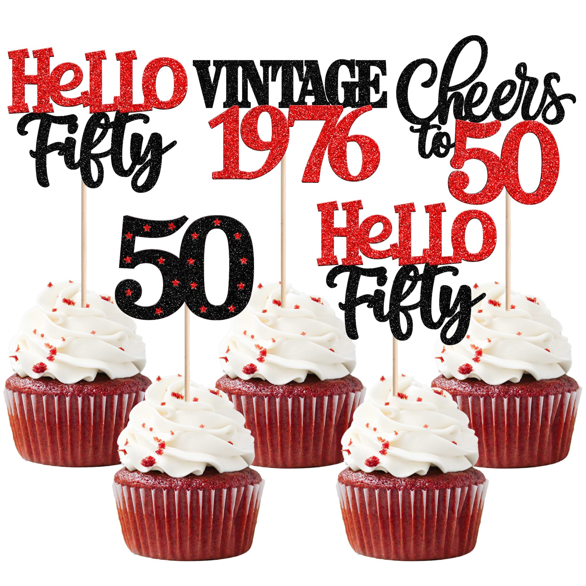 24 PCS Happy 50th Birthday Cupcake Toppers Star 50 Hello Fifty Vintage 1976 Cupcake Picks Cheers to 50 Birthday Decorations for him 50th Birthday