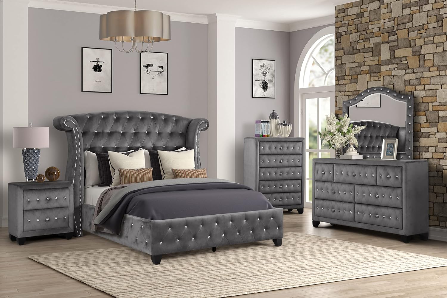 Kaimei Sophia 5-Piece Gray Bedroom Set with Upholstered Headboard and Crystal Accents - Wooden Modern Bedroom Furniture Set with Spacious Storage