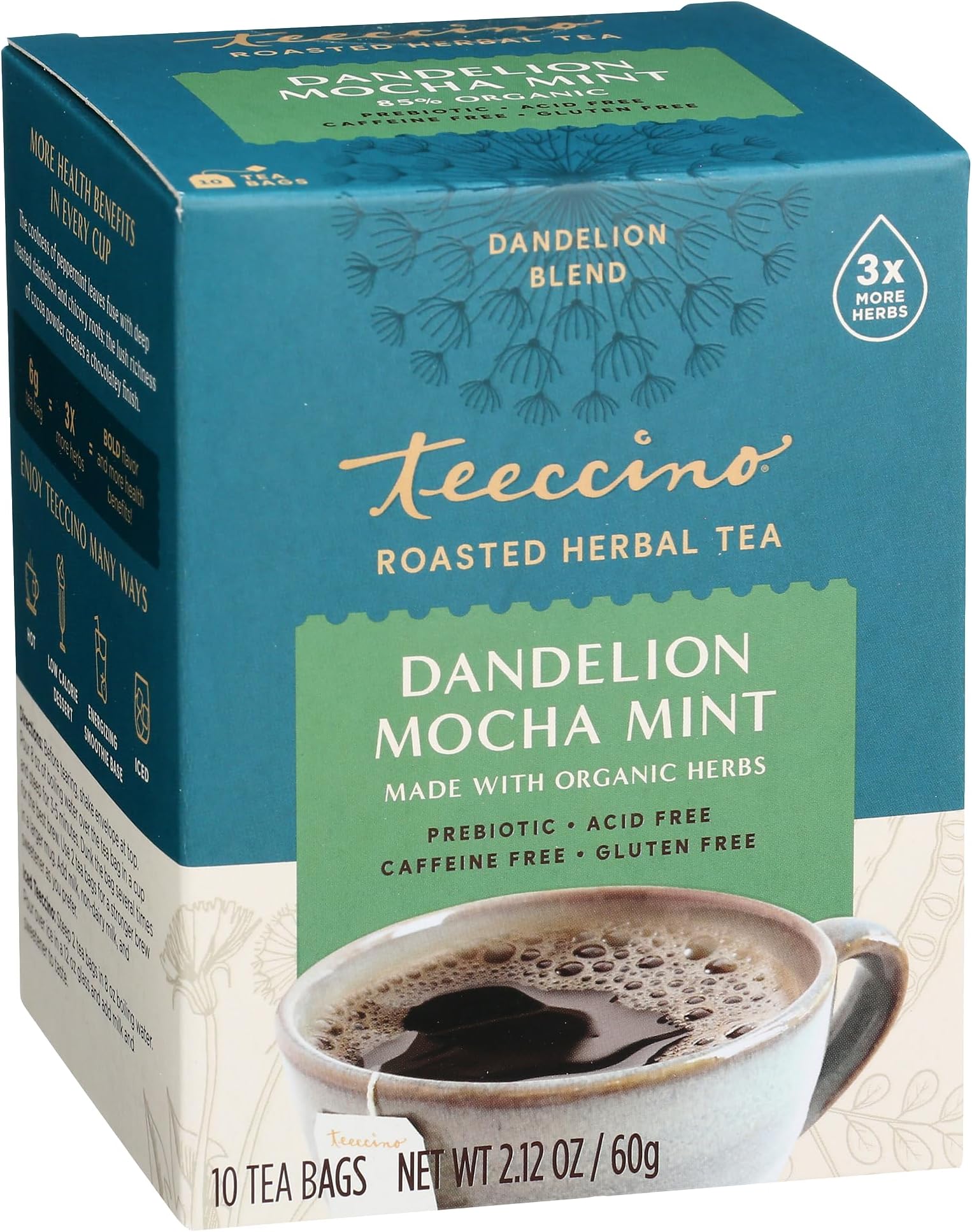 Teeccino Dandelion Mocha Mint Tea - Caffeine Free, Roasted Herbal Tea with Prebiotics, 3x More Herbs than Regular Tea Bags, Gluten Free - 10 Tea Bags