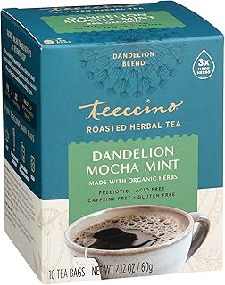 Teeccino Dandelion Root Tea - Mocha Mint - Caffeine Free, Roasted Herbal Tea with Prebiotics, 3x More Herbs than Regular Tea Bags, Gluten Free - 10 Tea Bags