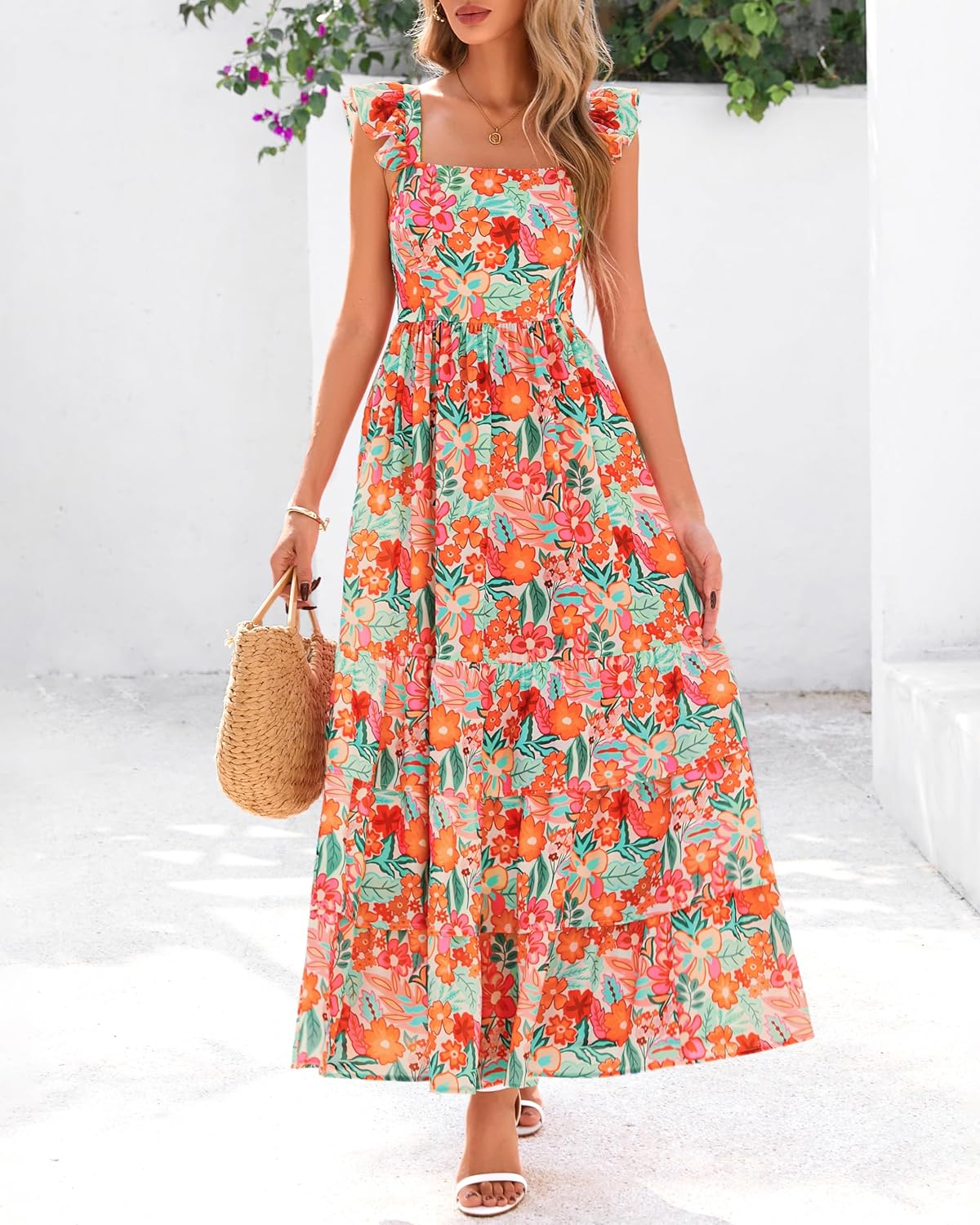 dowerme Summer Dresses for Women 2026 Casual Ruffle Smocked Tiered A-Line Boho Floral Maxi Beach Sun Dress with Pockets - Image 8