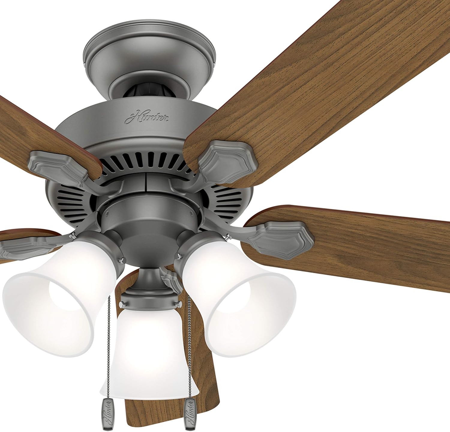 Hunter Fan 44 inch Traditional Matte Silver Indoor Ceiling Fan with Light Kit and Pull Chain (Renewed)