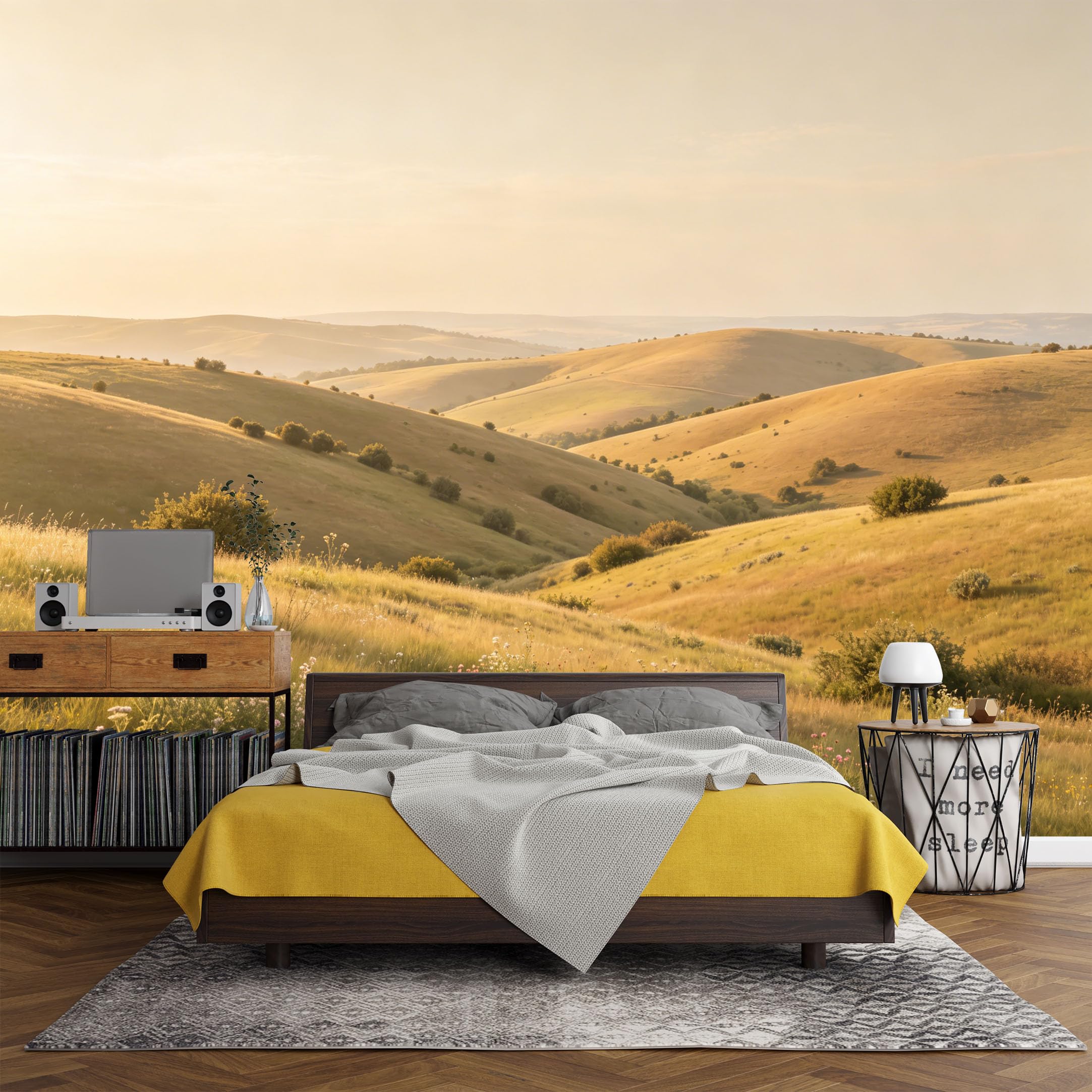 Custom Size Wall Mural， Landscape Golden Meadow Hills Sunset Pasture Scenery， SelfAdhesive Art Prints wall Fabric (No PVC) Removable Wallpaper Living Room Decor