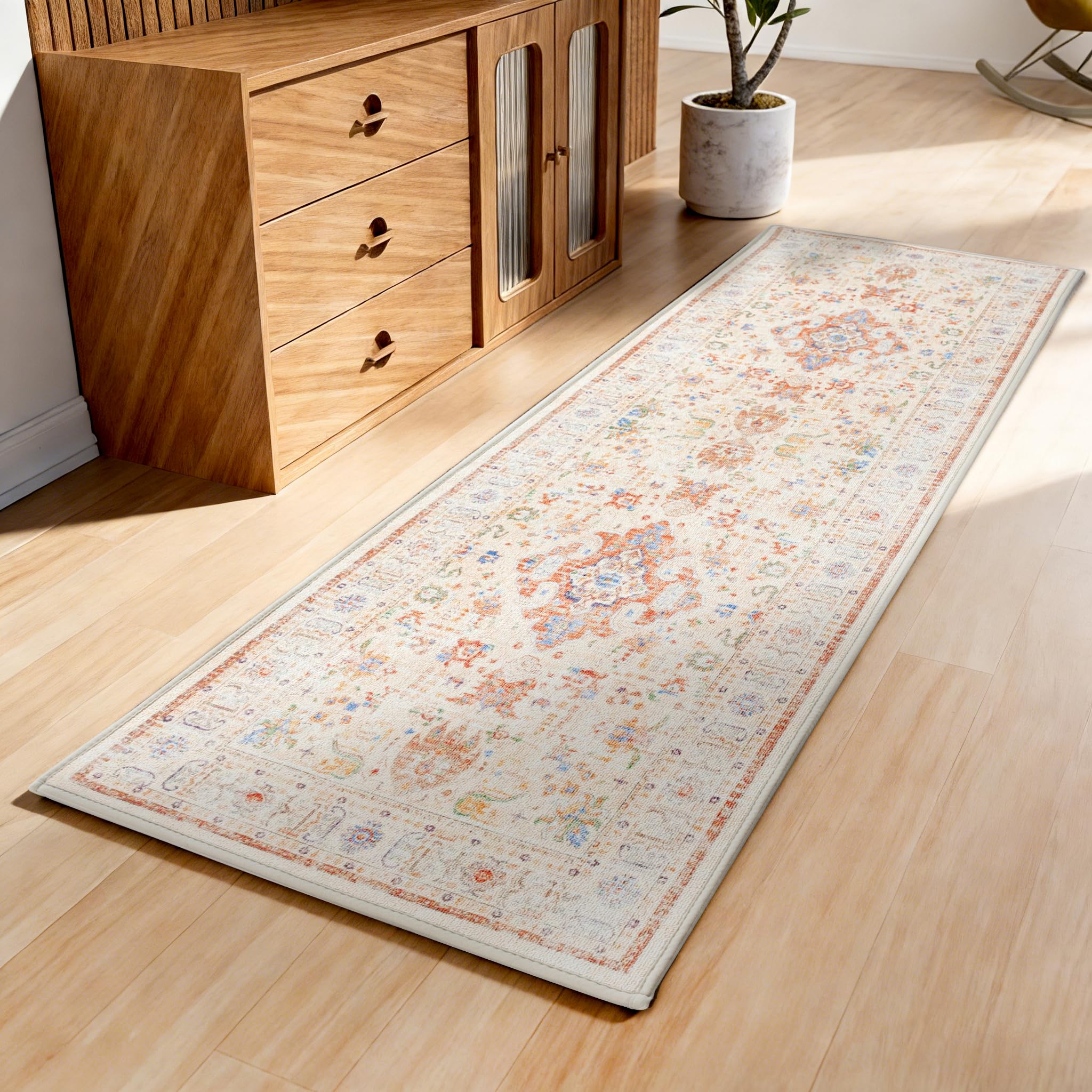 Runner Rug with Non Slip Rubber Backing, Washable Soft Floor Carpet for Kitchen, Hallway, Entryway Indoor, Bedroom, Laundry, Low Pile Area Rugs, Geometric Floral, Yellow Pattern, 2' * 6'