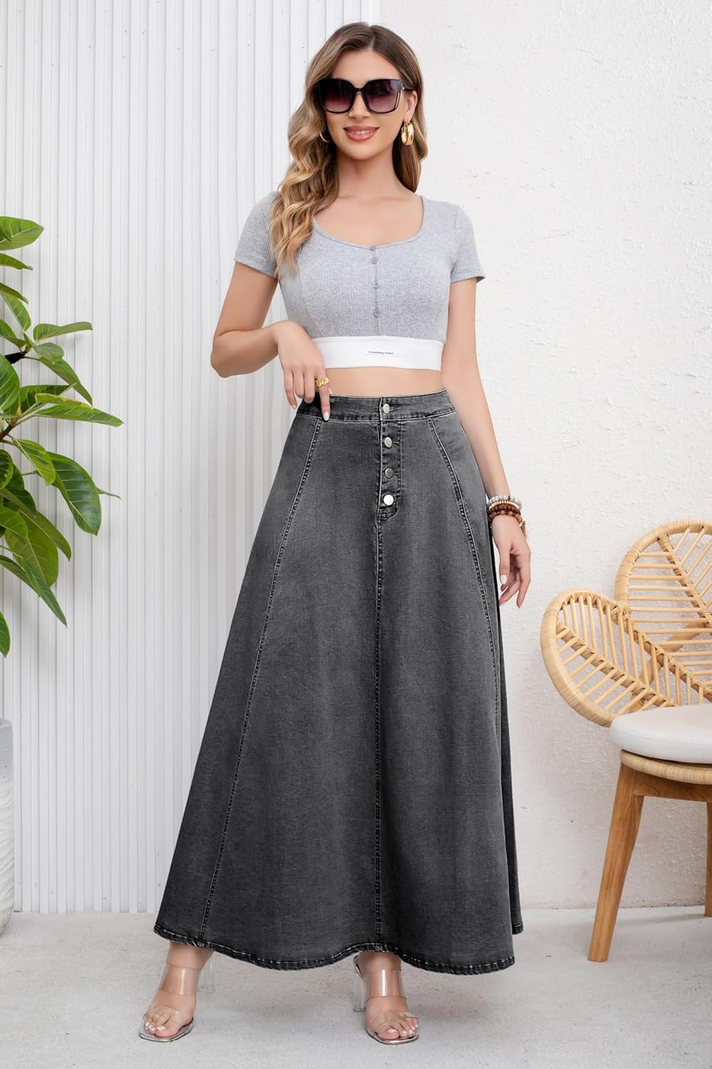 ebossy Women's Retro High Waisted Button Fly Flared Long Jean Skirts Pleated Flowy Swing A-line Denim Maxi Skirts - Image 2
