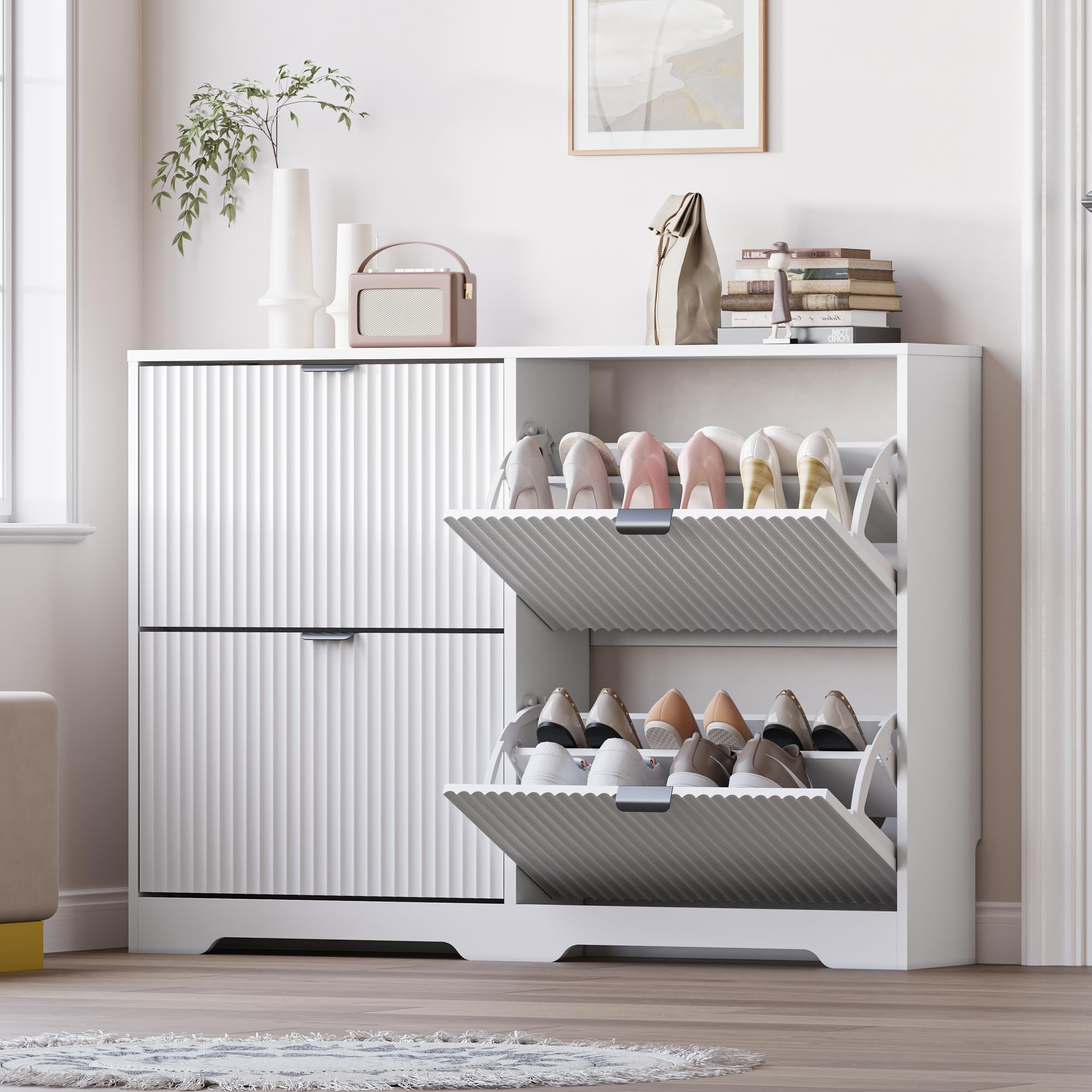 BORNOON Large Shoe Cabinet for Entryway, Shoe Rack Cabinet with 4 Flip Drawer and Adjustable Shelves for Small Apartment, Foyer