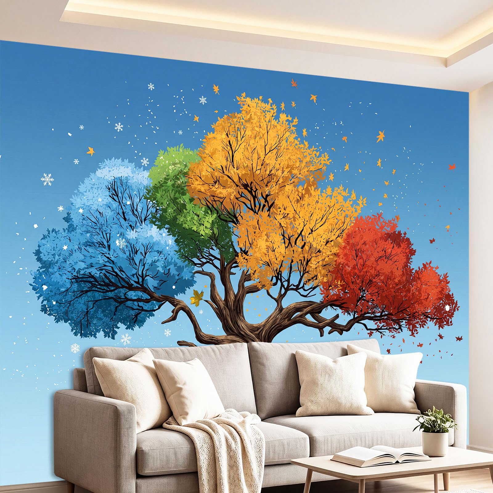 Obraz ścienny botaniczny, minimalistyczny, 200 x 140 cm (szer. x wys.), płatek śniegu, drzewo pory roku, liście, fototapeta, dekoracja ścienna, tapeta z włókniny do salonu, sypialni i pokoju