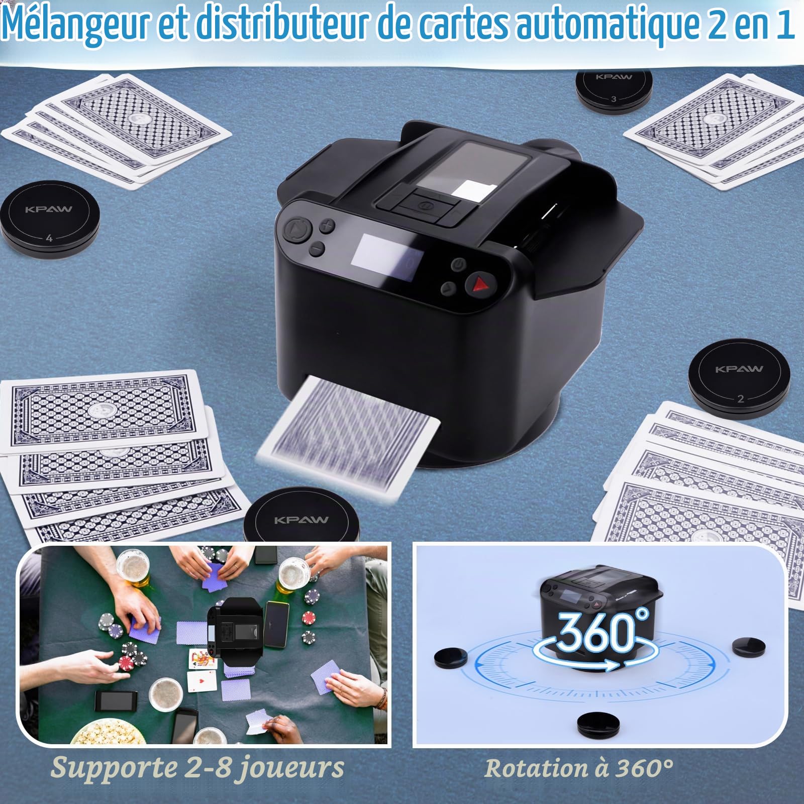 Melangeur de Carte électronique et Distributeur de Cartes à Jouer 2 en1, Mélangeur de Cartes, Machine Automatique de Revendeur de Cartes de Poker Rotative Rapide, pour UNO/Blackjack/Five Crowns