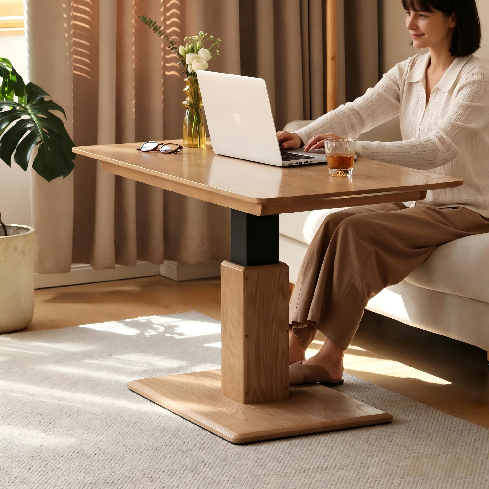 YESWOOD Couchtisch höhenverstellbar aus Eiche Massivholz, Wohnzimmertisch modern, Tischplatte verstellbar 47–72 cm