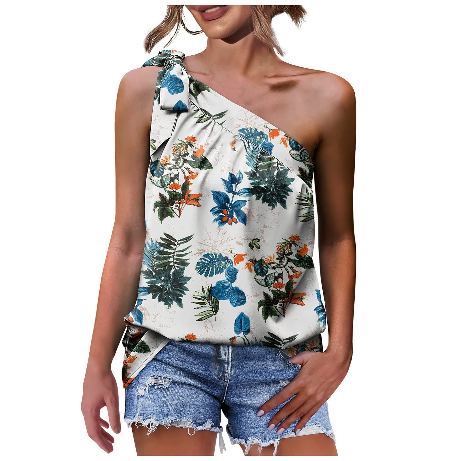 MKIUHNJ Blusa de tirantes con hombros descubiertos y estampado de flores, cuello halter para mujer, sexy, cómoda, sin mangas, con un hombro, blusa sexy para mujer, blusa elegante de verano