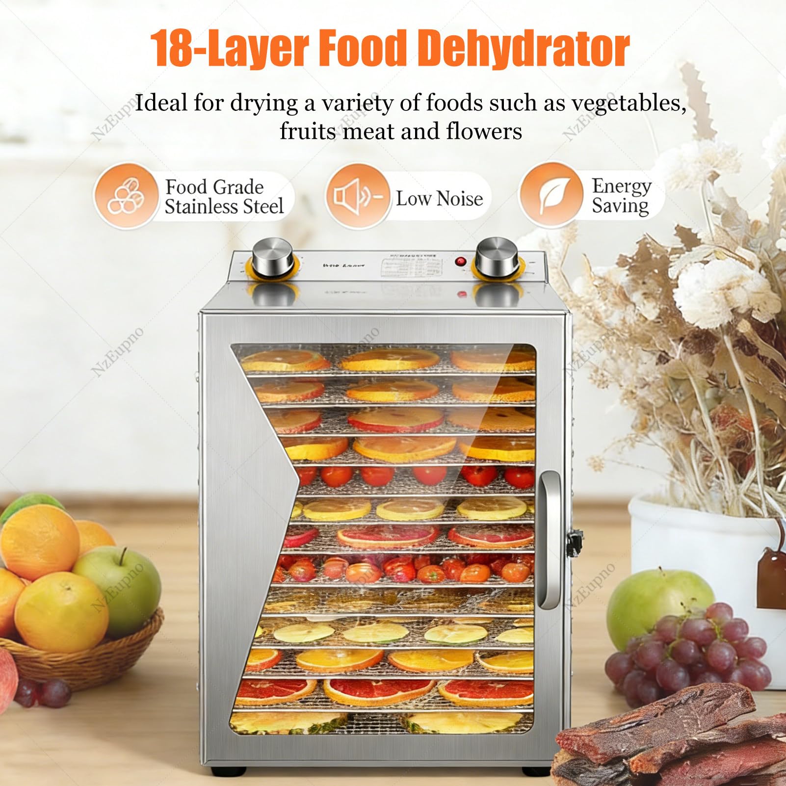 6/8/12/18 Strati Di Cibo Commerciale Disidratato Con Timer 24 Ore E Temperatura Regolabile, Armadio Di Essiccazione Compatto Per Carne Secca, Erbe Aromatiche, Carne Di Manzo, Frutta E Verdura 18Layer