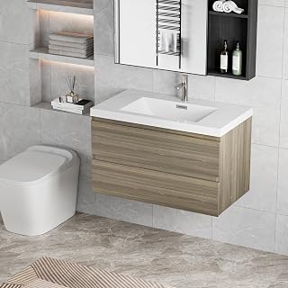 Wall Mounted 36 Inch Bathroom Vanity with Sink, Floating Vanity Bathroom, Single Sink Bathroom Vanity, 2 Drawers, Resin Integrated Sink (Ash Grey)