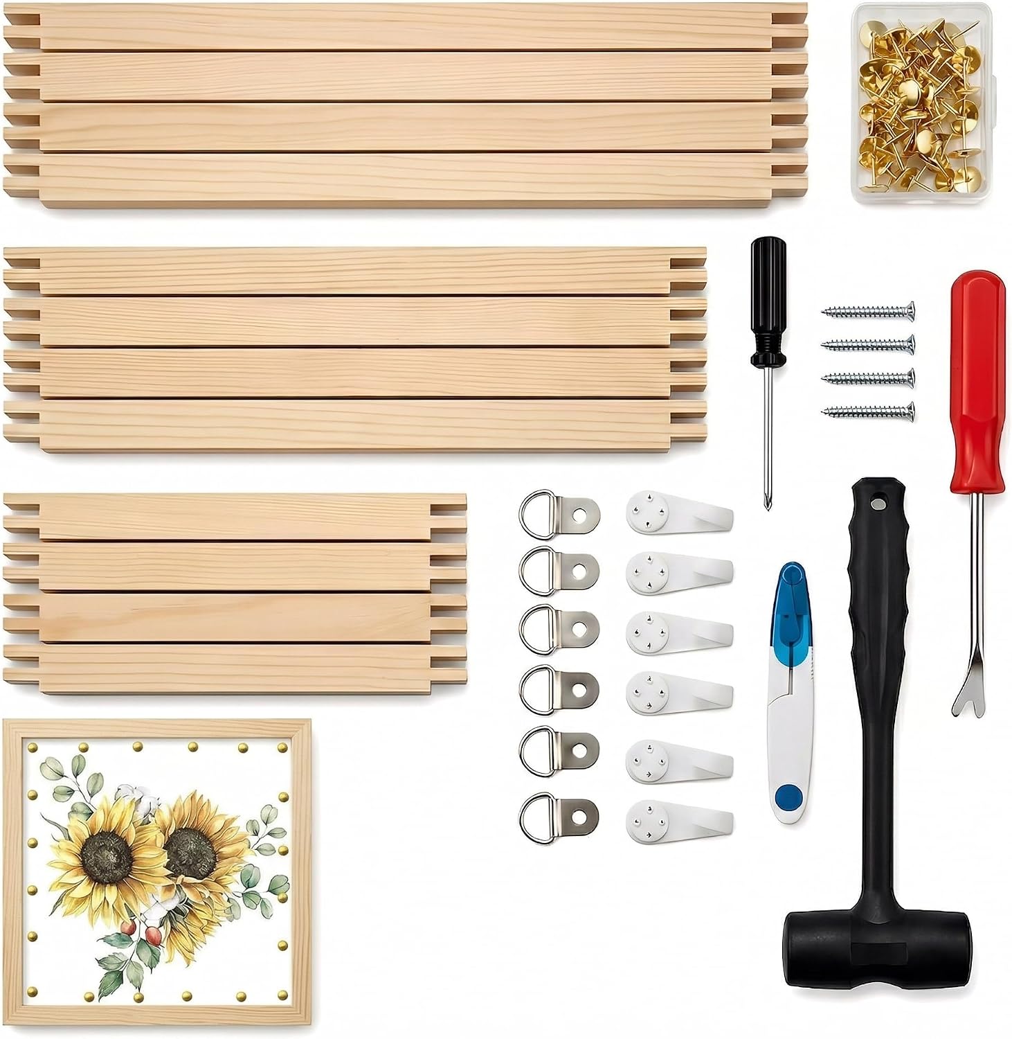 12PCS Stretcher Bars for Needlework, 3 Sizes (8", 12", 16") Wooden Needlepoint Stretcher Bars with Rubber Mallet, Screwdriver & Hanging Kit, Complete Embroidery Canvas Frame Set for Wall Decor (12)
