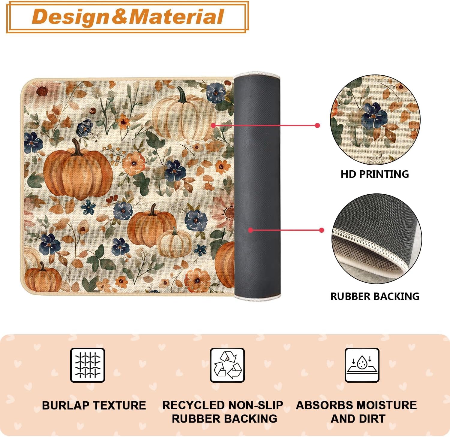 Baccessor Pumpkin Fall Kitchen Mats Set of 2, Vintage Kitchen Rugs for Floor Low-Profile Farmhouse Fall Thanksgiving Home Decor 17x29 and 17x47 Inch