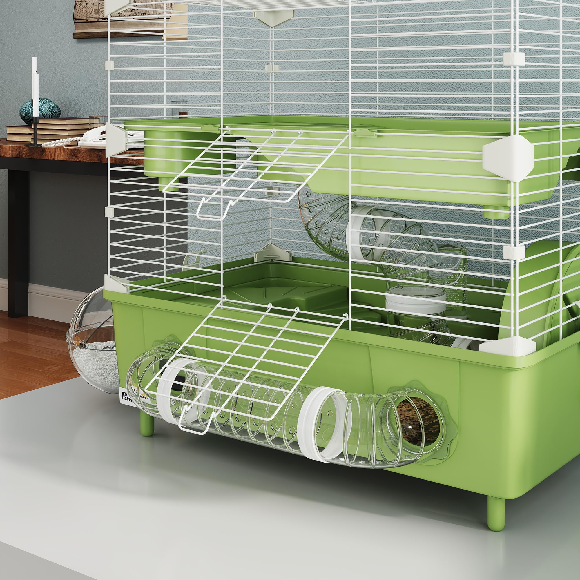 PawHut Gabbietta per Criceto a 2 Livelli e 3 Porte con Ruota Silenziosa, Lettiera e Tubi di Gioco, Gabbia per Animali in Acciaio, PS e PP, 44.5x28x44 cm, Verde e Bianco
