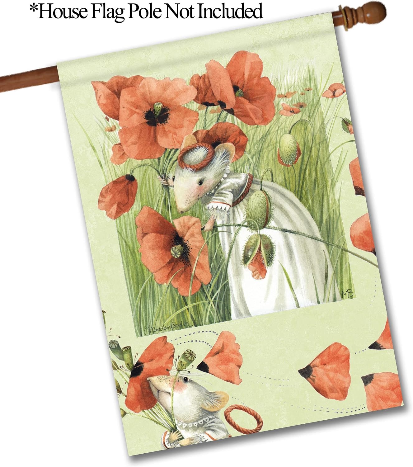 Flagology.com, Marjolein Bastin Bianca in the Poppies Vera the Mouse – House Flag 28" x 40", Outdoor Flag, Exclusive Premium Fabric, Spring