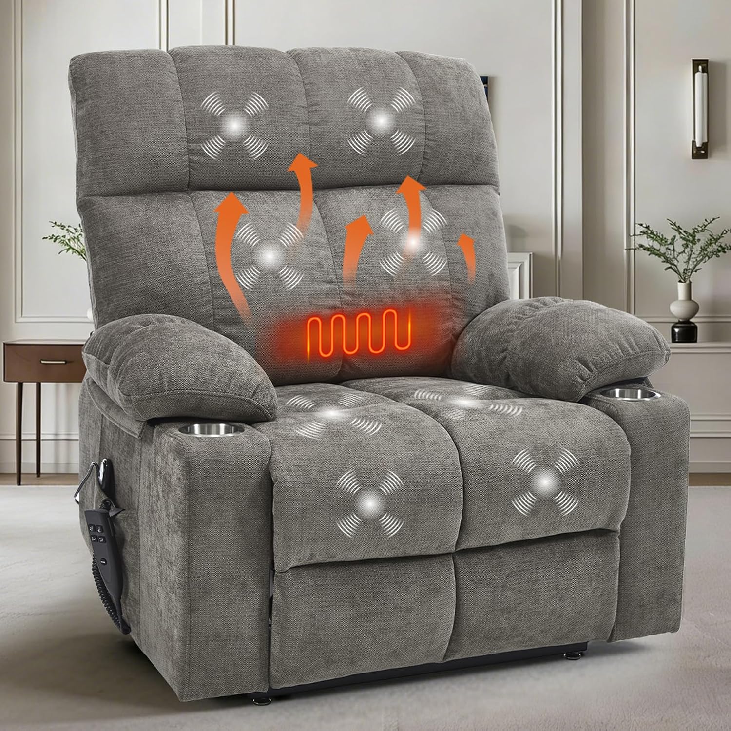 Oversized Recliner Electric Lift Chair, Power Lift Recliner for Big and Tall, 180° Lay-Flat and Assisted Standing, Extra Large Sofa with 8-Point Massage & Heating, Medium-Soft, Gray