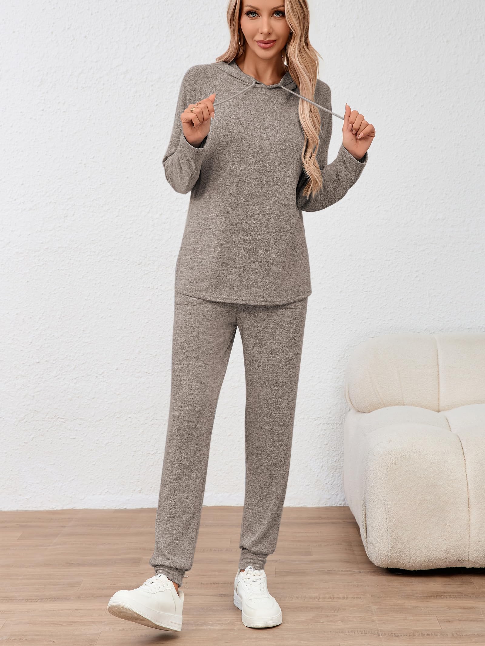 Famulily Survêtement à manches longues pour femme, couleur unie, sweat à capuche avec cordon de serrage et pantalon de jogging élastique avec poches, tailles S à XXL