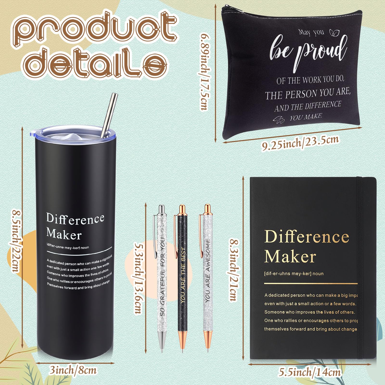 Geiserailie 6 Pcs Difference Maker Gift Employee Appreciation Thank You Gift for Women Teacher Nurse 20 oz Tumbler Leather Journal Ballpoint Pens Makeup Bag for Graduation(Black)