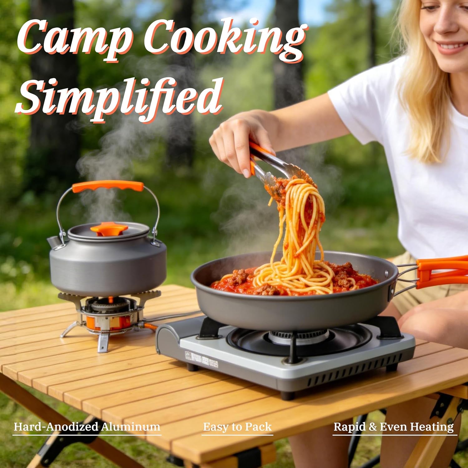 Collapsible Camping Cookware Set, Portable 4-in-1 Outdoor Camping pots and Pans Set with Nonstick Frypan, Pot, Kettle & Carry Bag, Hard-Anodized Aluminum for Camping, Hiking (2-6 Person)