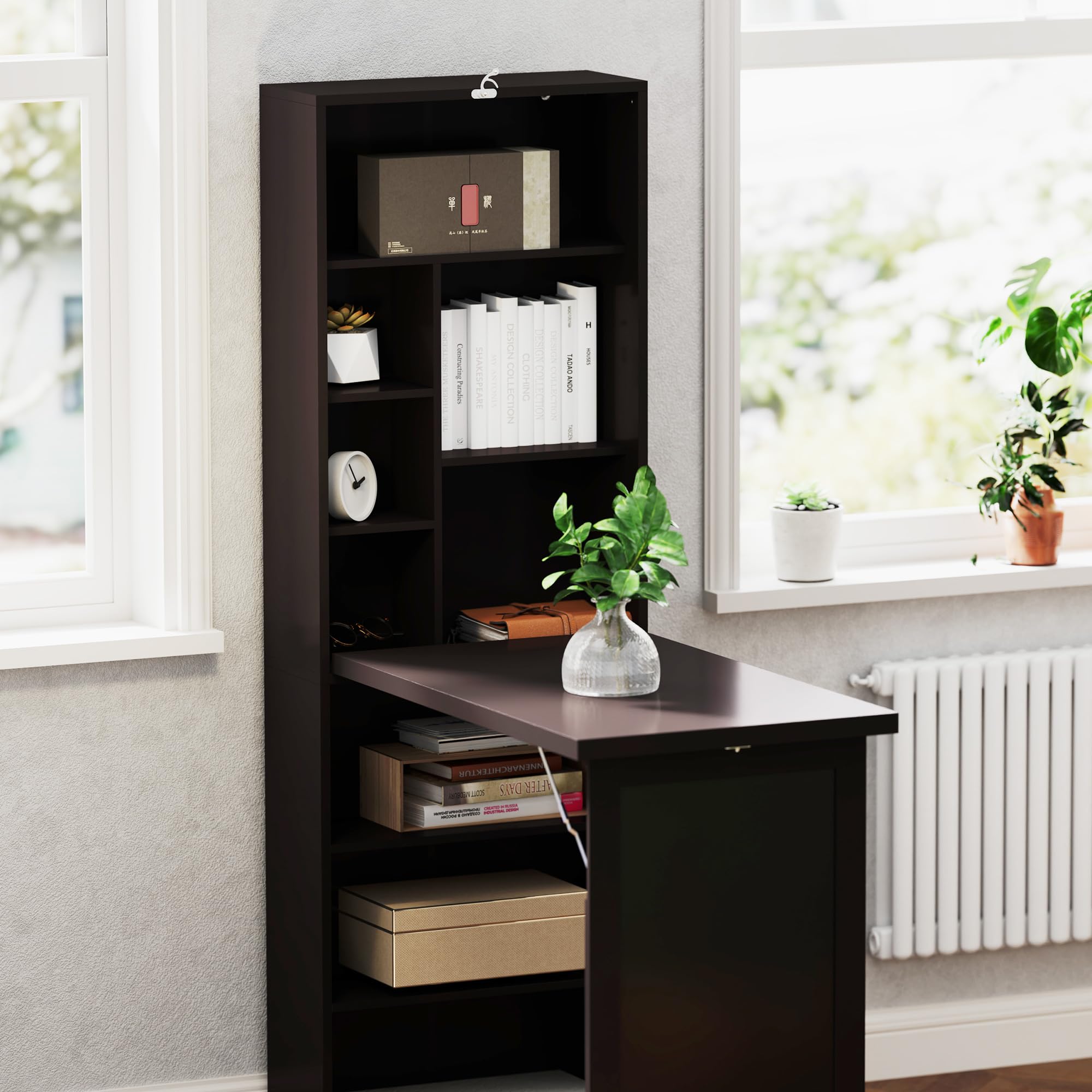 HOMCOM Escritorio Computadora Plegable, Escritorio con Biblioteca, Estación de Trabajo, Mesa Negro, 9 Compartimentos Abiertos y Estante Ajustable, Mesa de Ordenador para Dormitorio, 98 x 51 x 153 cm