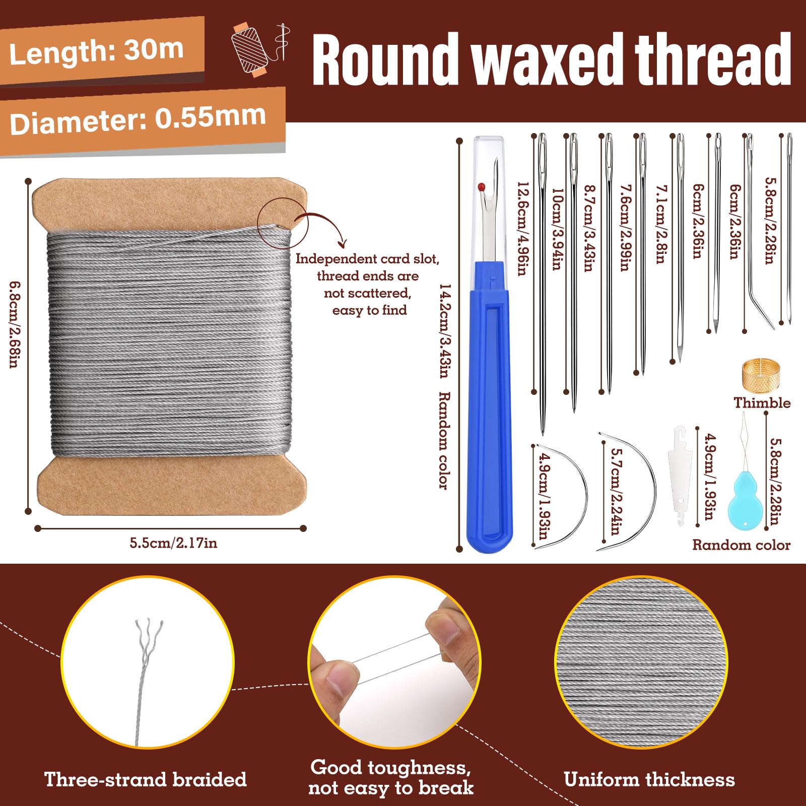 Hilo encerado para tapicería de cuero de 98 yardas, hilo de coser de cuero de 0.55 mm con agujas resistentes, hilo encerado redondo para coser cuero (negro, gris, marrón)