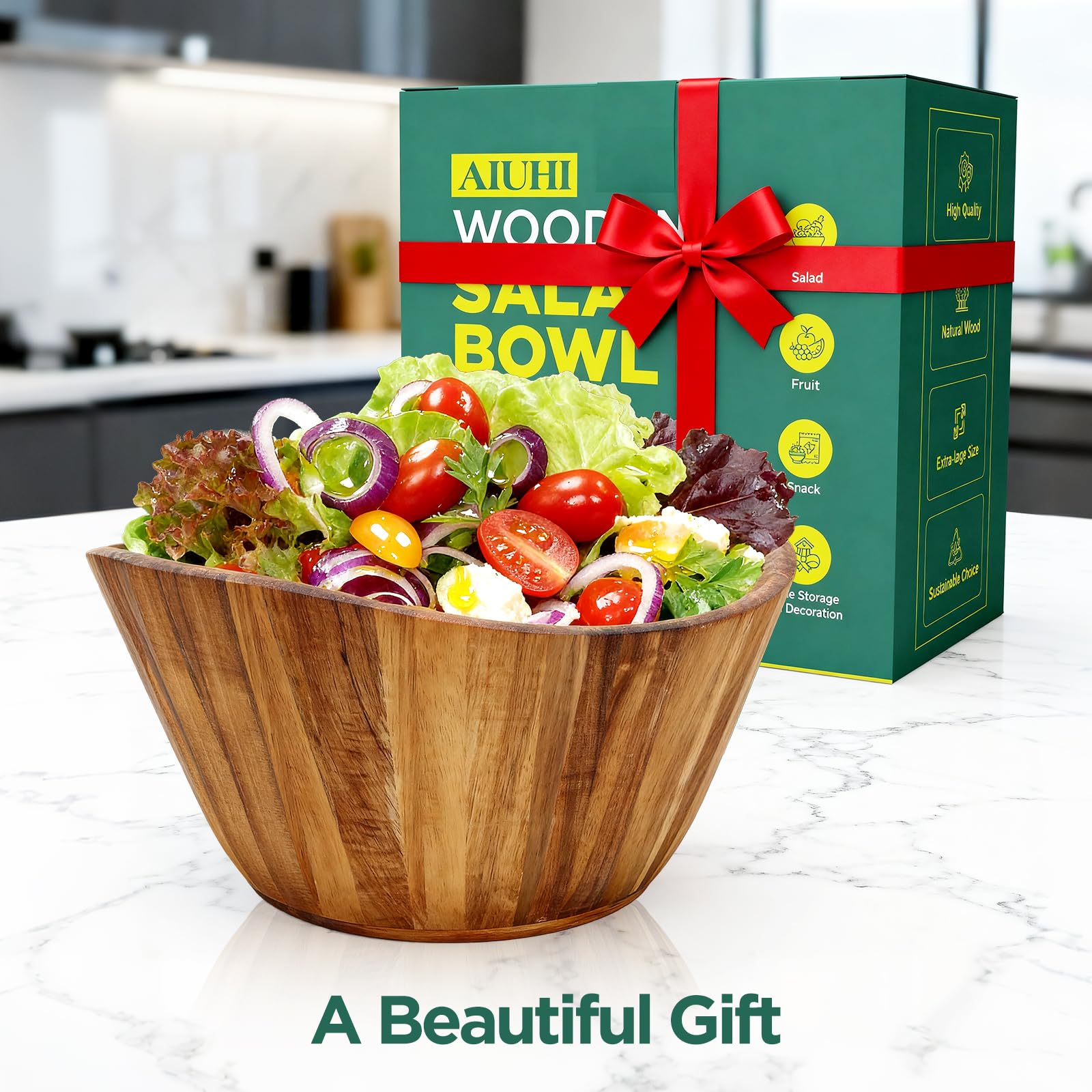 AIUHI Cuenco de madera de acacia de 12 pulgadas, regalo de Navidad, impresionante grano, perfecto para reuniones de Navidad, Acción de Gracias, decorativo para cocina, ideal para ensaladas, aperitivos