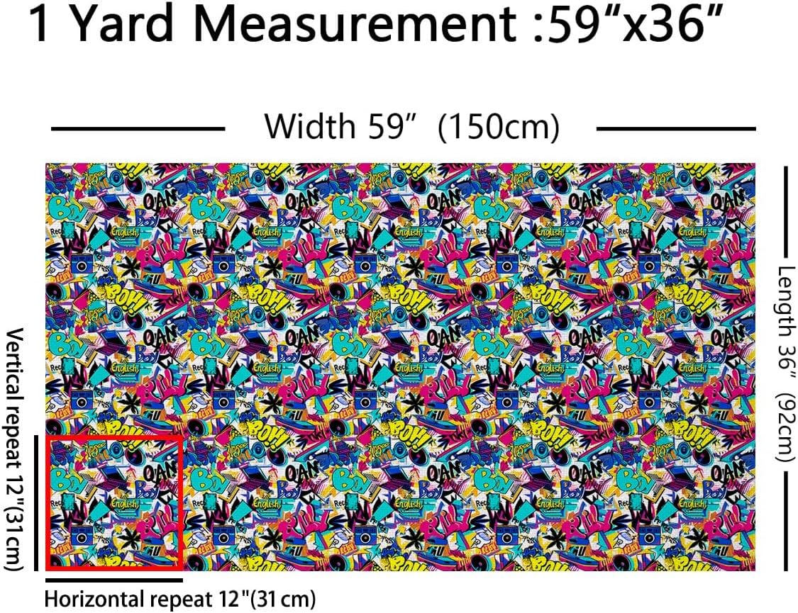 Feelyou Hippie Graffiti Style Upholstery Fabric for Chairs, Hip Hop Decor Fabric by The Yard, Graffiti Graphic Street Culture Decorative Fabric for Upholstery and Home DIY Projects, 3 Yards,Colorful
