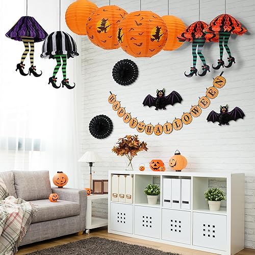 Miniatura 8 de PAPER FAIR 12 linternas de papel colgantes en 3D de Halloween, decoración de papel, bruja fantasma, araña, calabaza. Faroles de papel redondos