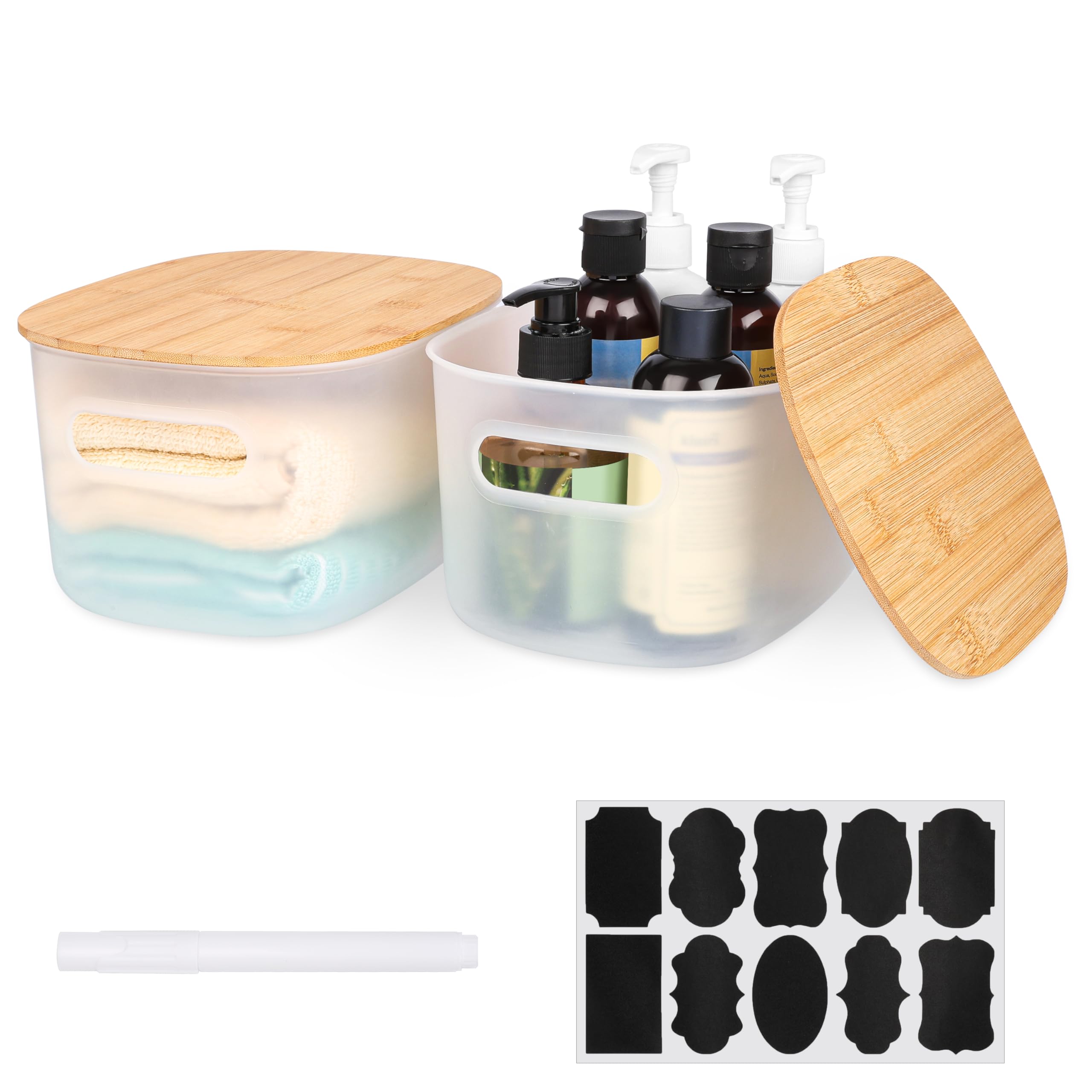 BELLE VOUS Set de Cajas Organizador de Almacenaje - 2x Caja Organizadora de Plastico con Tapas de Bambu de 17 x 23 x 12 cm - Cestas Organizadoras con Tapa para Baño y Cocina