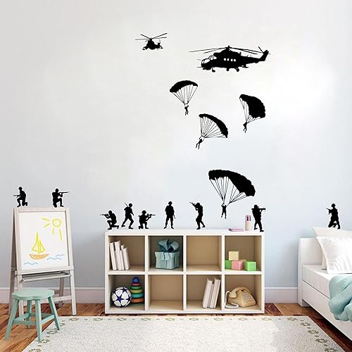 Helicóptero y ejército hombres cubeta de soldados paracaidistas calcomanía de pared para decoración de habitación de niños, guardería, calcomanía de