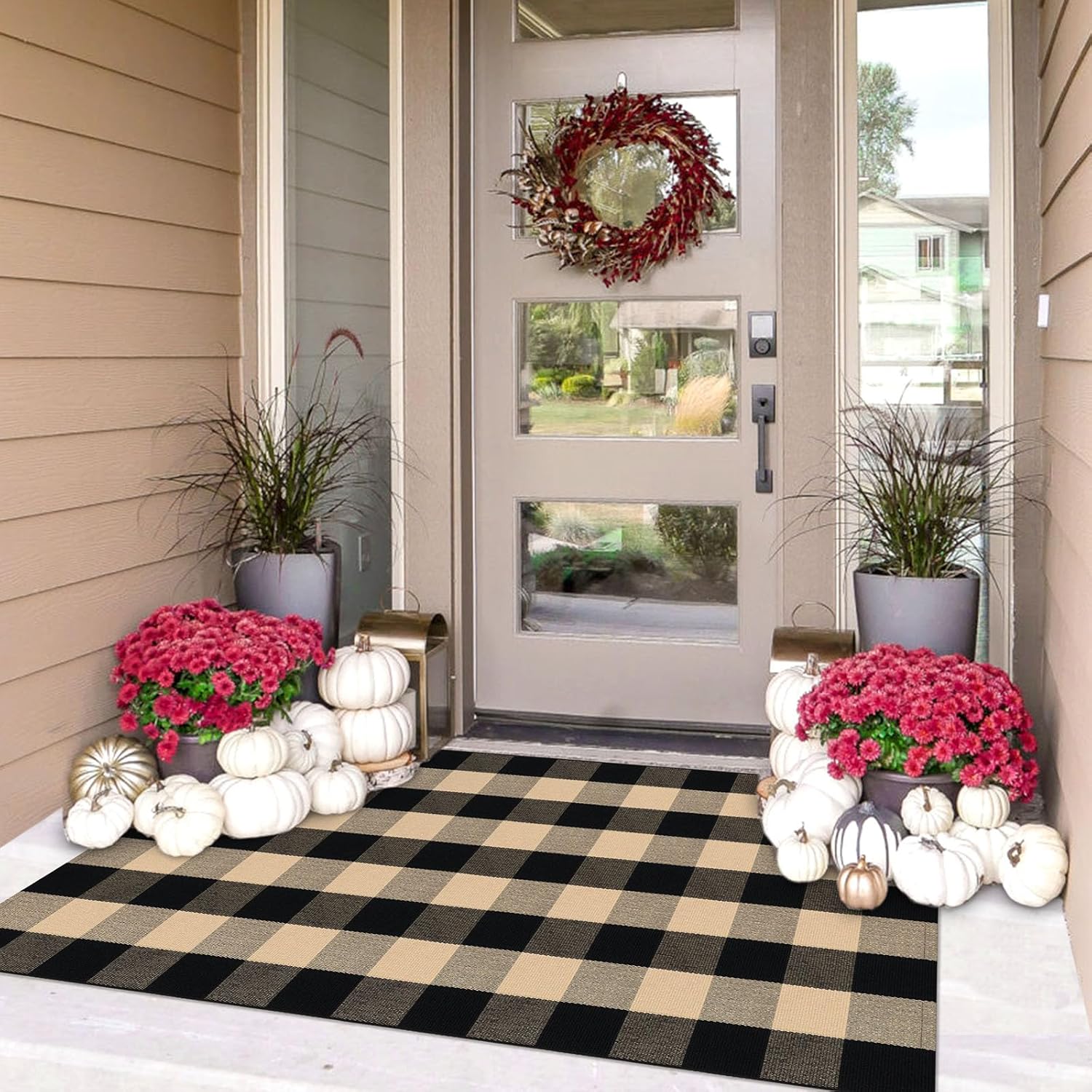 IOHOUZE Buffalo Plaid Checkered Rug 3x5 Ft Front Door Mats, Washable Area Rugs for Front Porch, Welcome Mats Indoor Outdoor, Entryway Rug for Entryway, Home Entrance, Tan Black 3' x 5' (Rectangular) Tan and Black