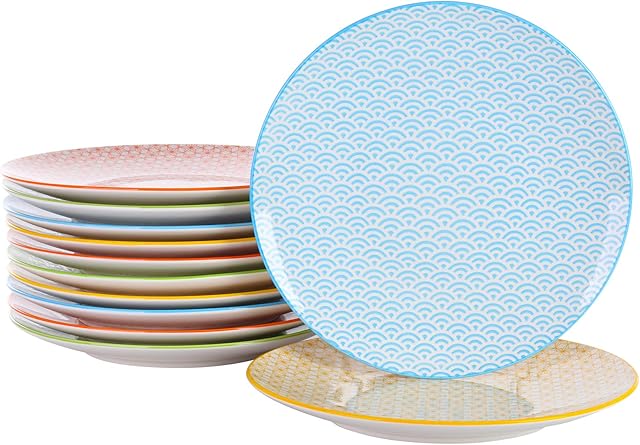 vancasso Natsuki Talerz deserowy, porcelana, wielokolorowe, wzorzysty, japoński styl, naczynia obiadowe, zestaw talerzy obiadowych, sałatek, owoców, 12 szt., 21,5 x 21,5 x 2,5 cm
