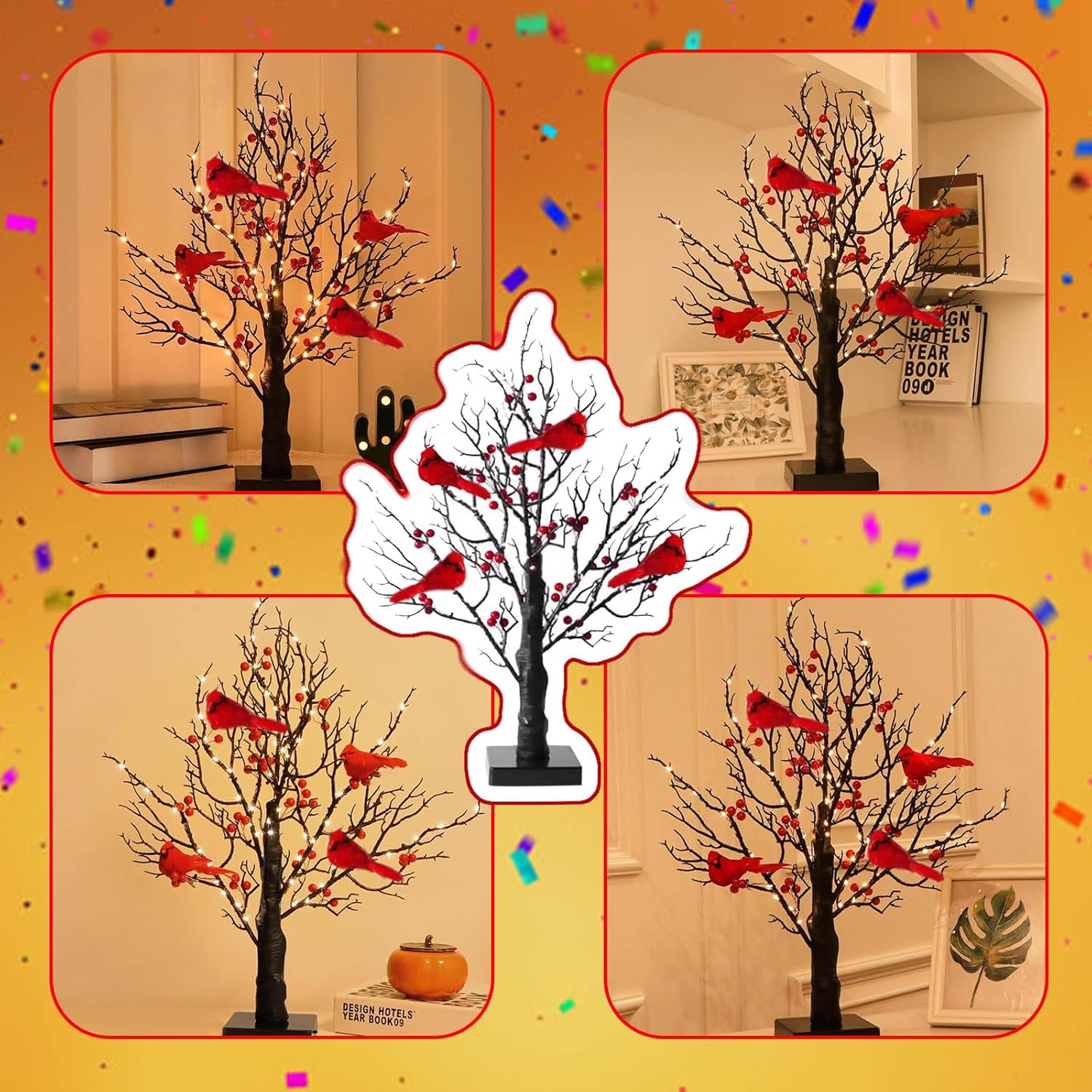 Vintage Glowing Tree, 21 Inch LED Lighted Cardinal Tree with Red Berries, Little Red Bird Tabletop Christmas Tree Decor for Holiday Party, Indoor Office Centerpiece Decorations (3)