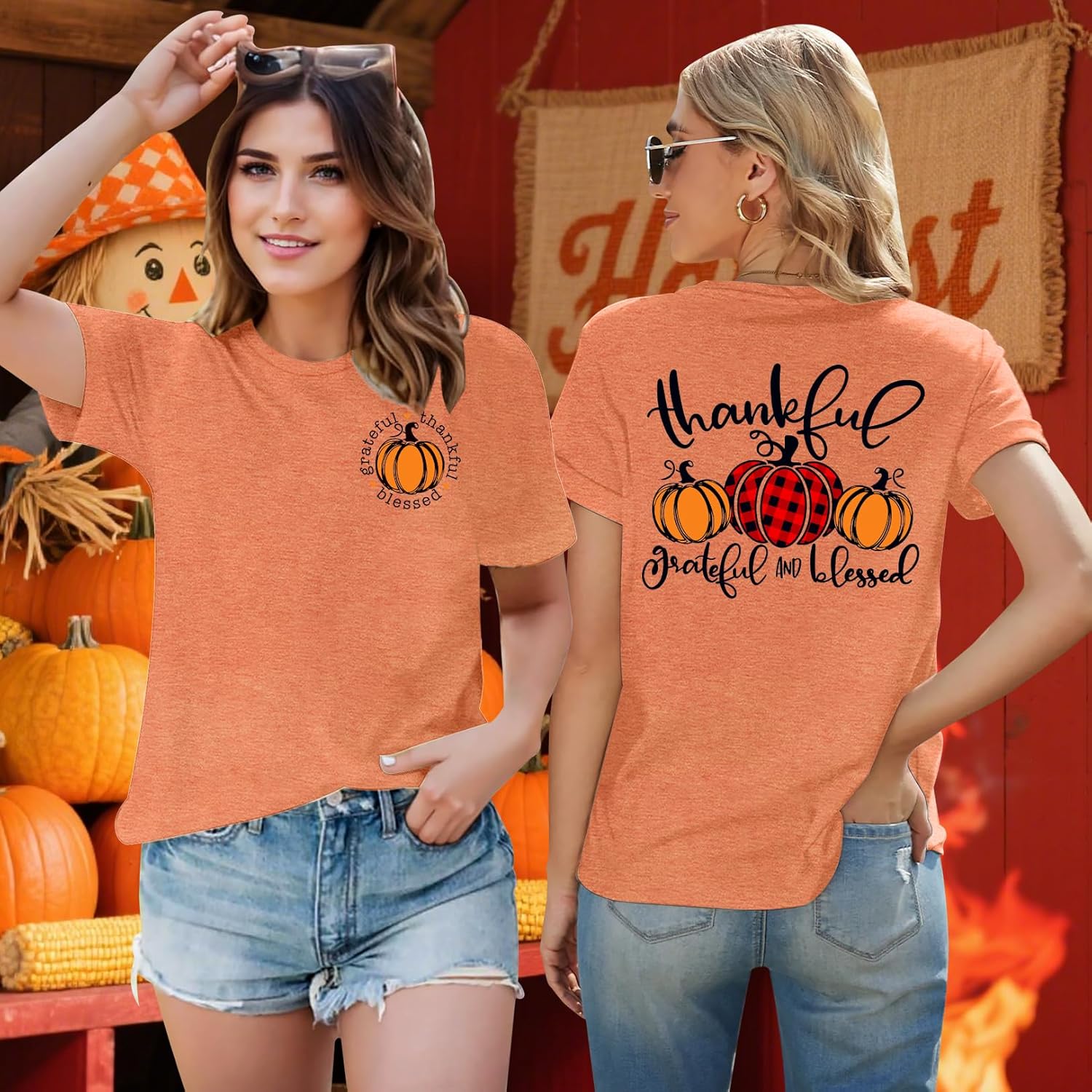 Thanksgiving Shirts for Women: Thankful Grateful Blessed Shirt Fall Pumpkin Tshirts Casual Short Sleeves Tops - Image 4