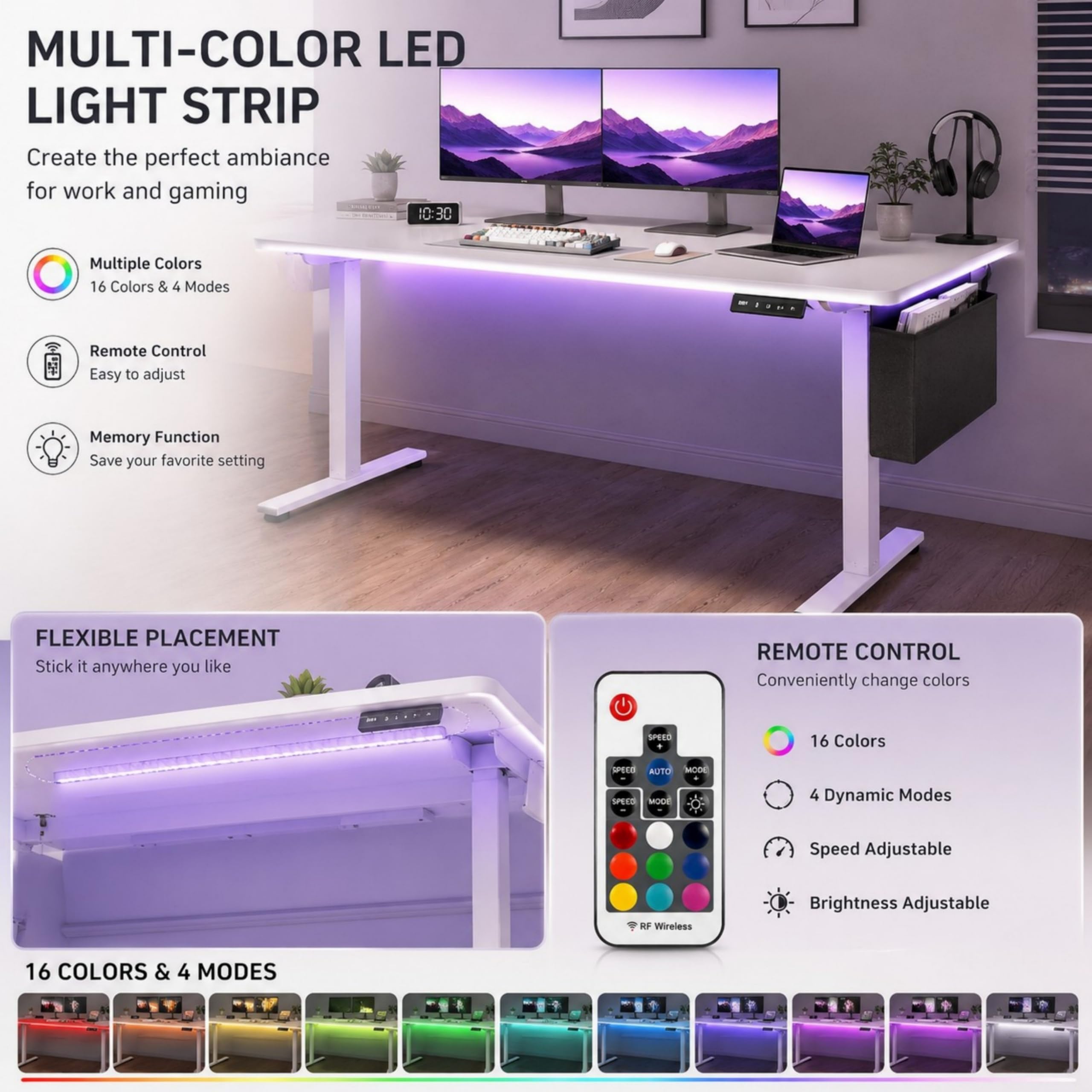 Bureau Assis Debout Électrique 160x75cm,Reglable en Hauteur 70 et 117,5 cm,avec Lumineuse,USB, Sac et Crochet,2 Fonction Mémoire,Bureau Gaming Electrique Rrgonomique,Blanc