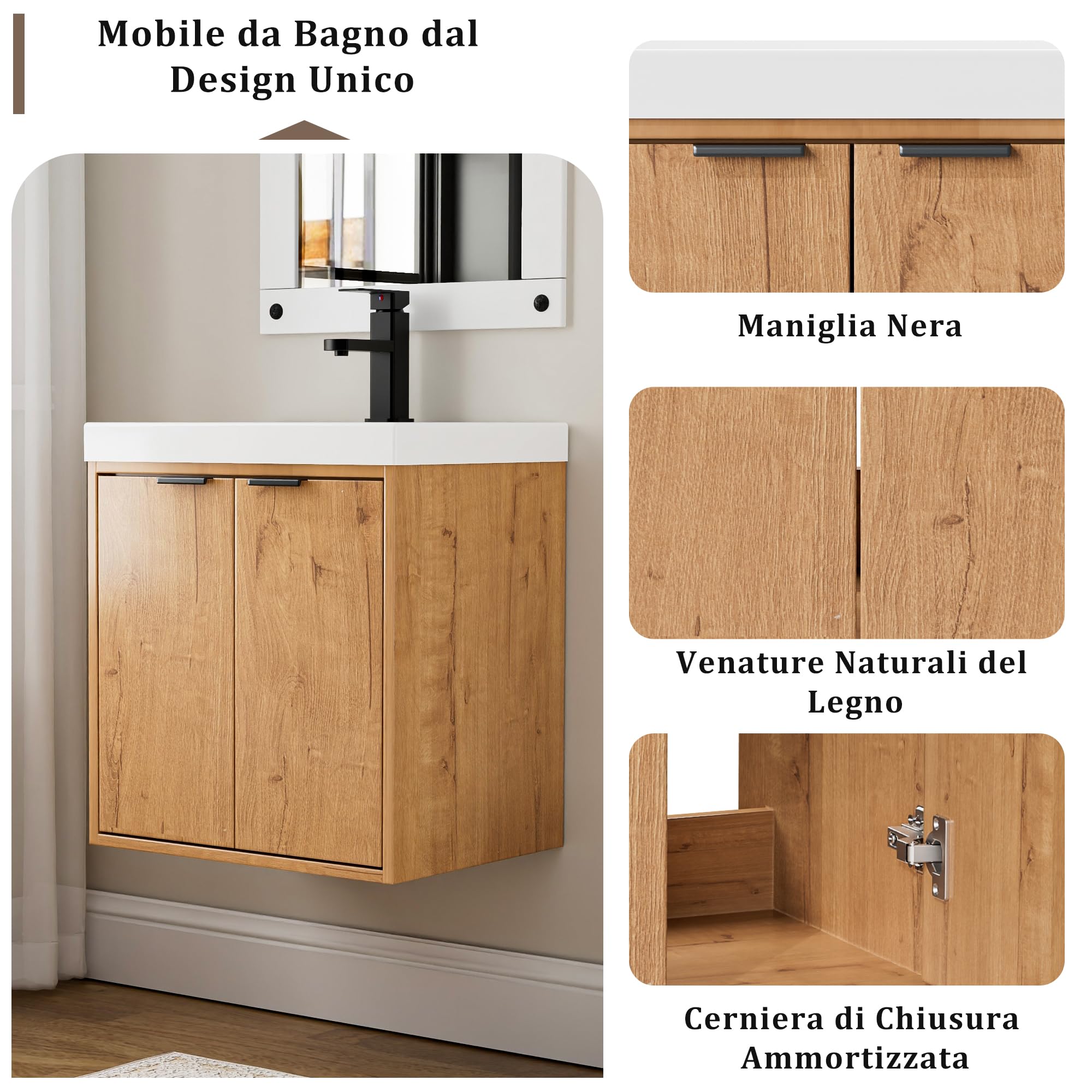 UEV Mobile Bagno a 2 Ante con Lavabo in Resina, 49x37,5x50, Naturale