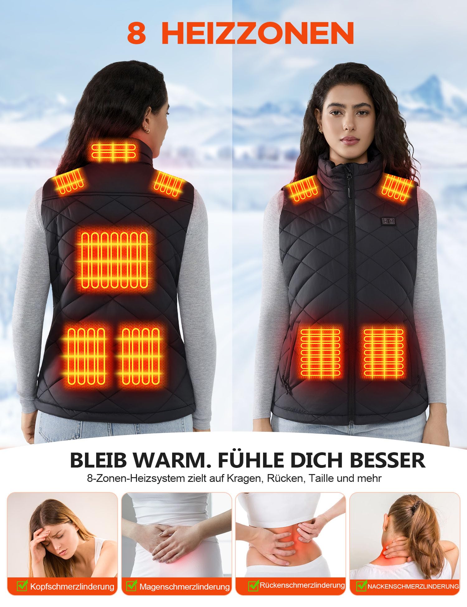 Heizweste Damen mit 18400mAh 7,4V Powerbank, beheizbare Weste Stepp, Leichte Elektrische Wärmeweste für Winter