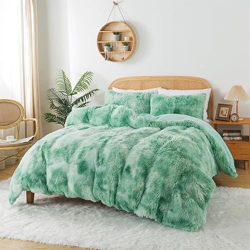 Miniatura 3 de Jameswish Juego de funda de edredón de felpa lanuda súper suave y esponjosa de pelo sintético, juego de ropa de cama lujosa de 3 piezas (1 funda de
