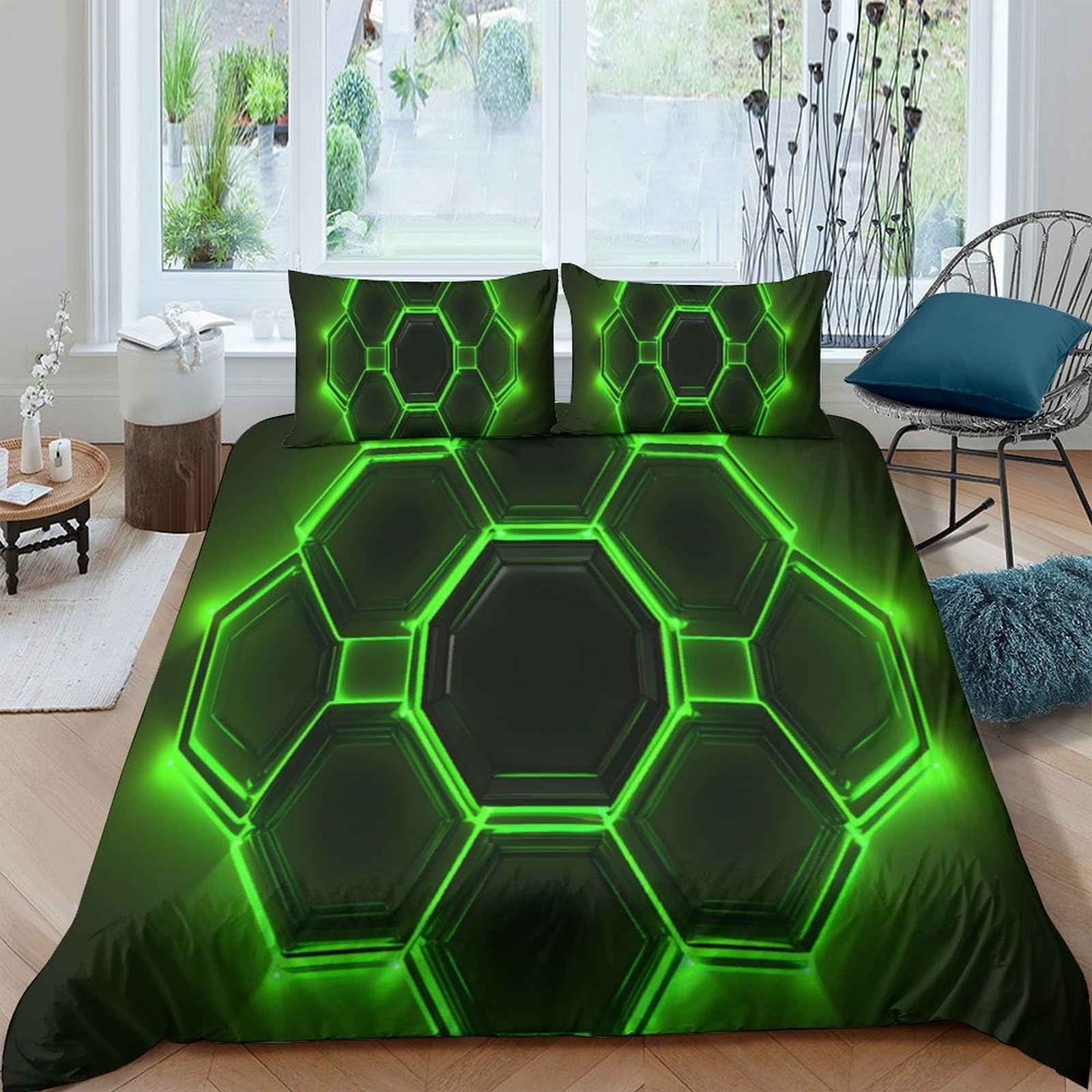 Ctjqhvkz Style-10 3D Printed Neon Hexagon Fitted Sheet Microfiber Soft Green Geometric Bed Cover Bedroom Decor Easy Care Single（135X200cm）