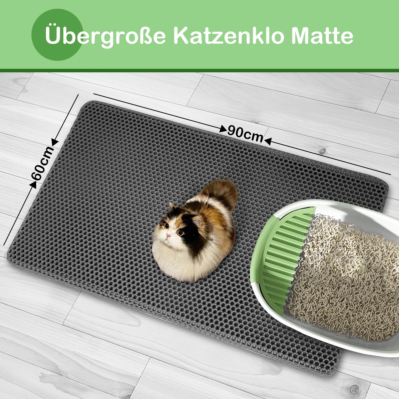 Katzenklo Matte 90x60 cm XXL Katzenstreu Matte, EVA Doppelte Schichte Waben Katzenmatte Katzenklo Wasserdichte Unterlage Katzenklo Katzenstreumatte, Grau